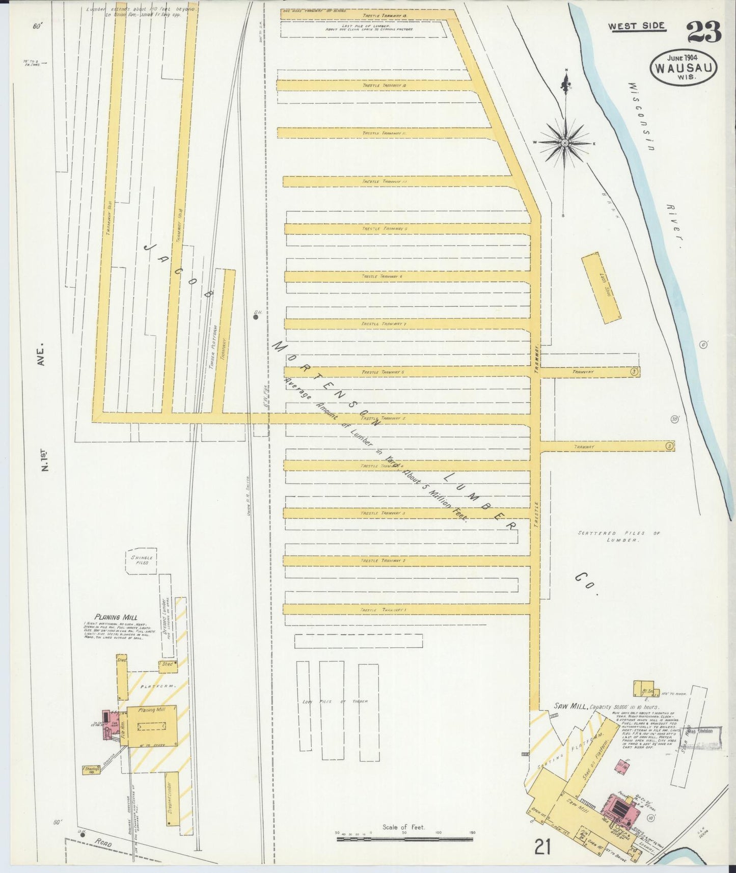 Sanborn Fire Insurance Map from Wausau, Marathon County, Wisconsin (1904), Sheet #0023 - Historic Sanborn Fire Insurance Map Print, vintage old map wall art, antique decor, genealogy gift, Wisconsin Wisconsin map