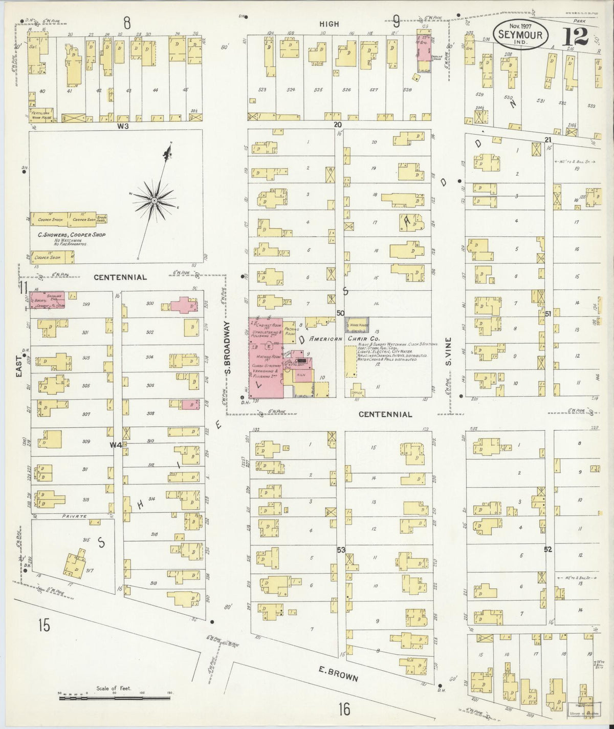 Sanborn Fire Insurance Map from Seymour, Jackson County, Indiana (1907), Sheet #0012 - Historic Sanborn Fire Insurance Map Print, vintage old map wall art, antique decor, genealogy gift, Indiana Indiana map
