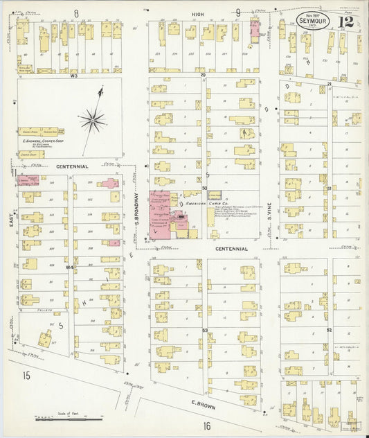 Sanborn Fire Insurance Map from Seymour, Jackson County, Indiana (1907), Sheet #0012 - Historic Sanborn Fire Insurance Map Print, vintage old map wall art, antique decor, genealogy gift, Indiana Indiana map