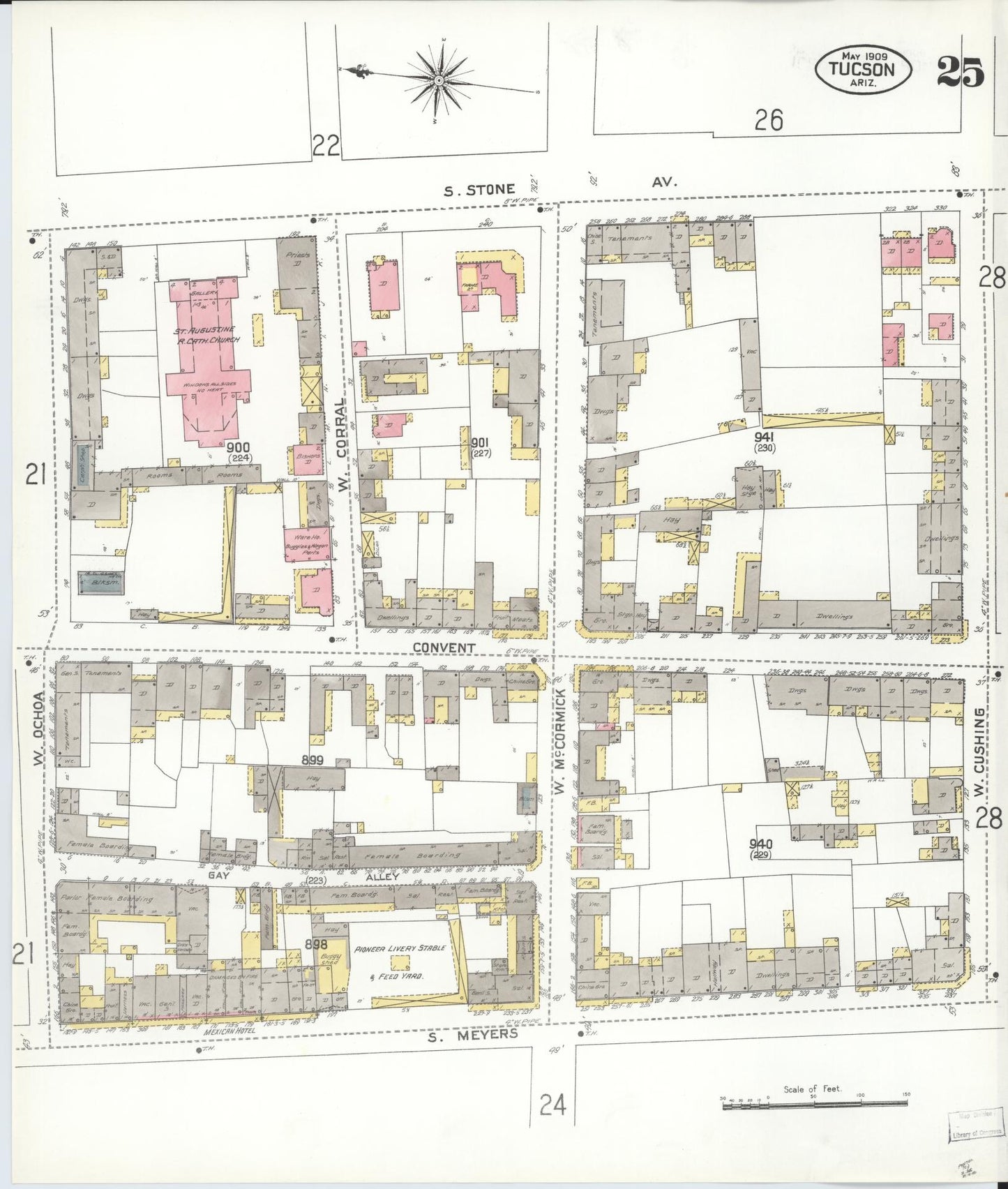Sanborn Fire Insurance Map from Tucson, Pima County, Arizona (1909), Sheet #0025 - Historic Sanborn Fire Insurance Map Print, vintage old map wall art, antique decor, genealogy gift, Arizona Arizona map