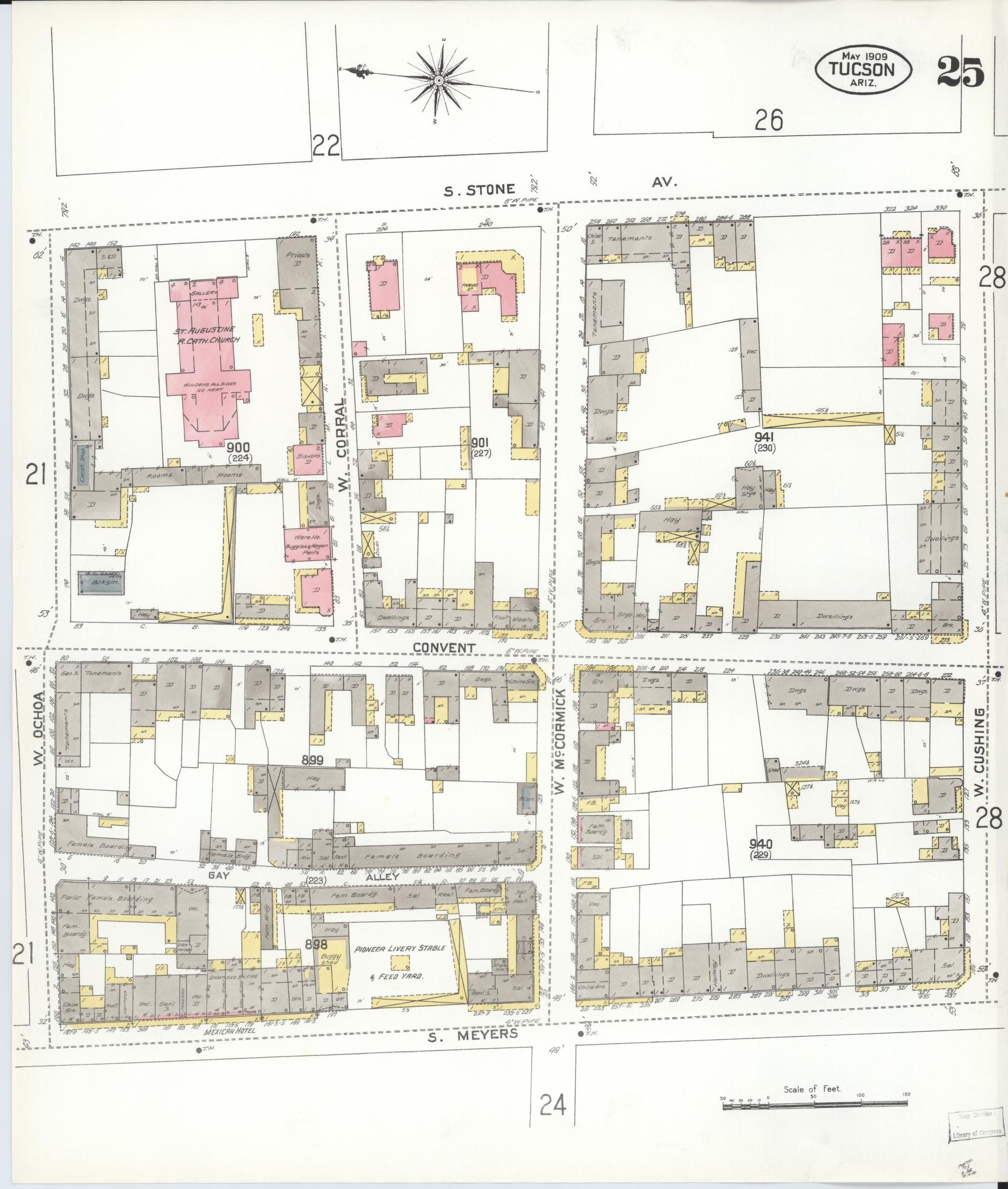 Sanborn Fire Insurance Map from Tucson, Pima County, Arizona (1909), Sheet #0025 - Historic Sanborn Fire Insurance Map Print, vintage old map wall art, antique decor, genealogy gift, Arizona Arizona map
