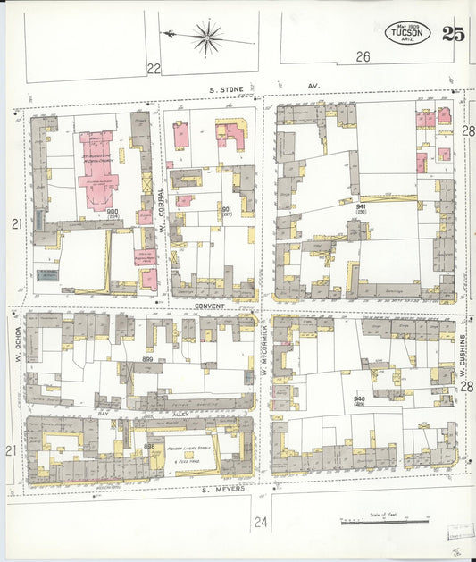 Sanborn Fire Insurance Map from Tucson, Pima County, Arizona (1909), Sheet #0025 - Historic Sanborn Fire Insurance Map Print, vintage old map wall art, antique decor, genealogy gift, Arizona Arizona map