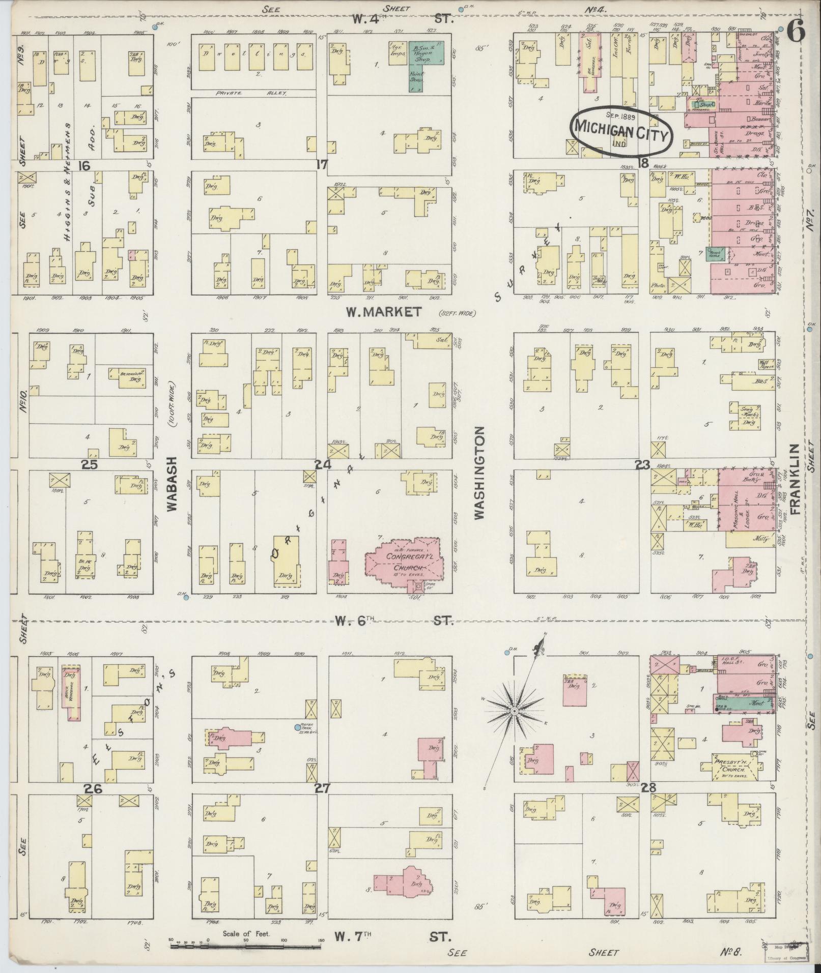 Sanborn Fire Insurance Map from Michigan City, La Porte County, Indiana (1889), Sheet #0006 - Historic Sanborn Fire Insurance Map Print, vintage old map wall art, antique decor, genealogy gift, Michigan Michigan map