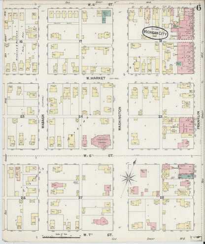 Sanborn Fire Insurance Map from Michigan City, La Porte County, Indiana (1889), Sheet #0006 - Historic Sanborn Fire Insurance Map Print, vintage old map wall art, antique decor, genealogy gift, Michigan Michigan map