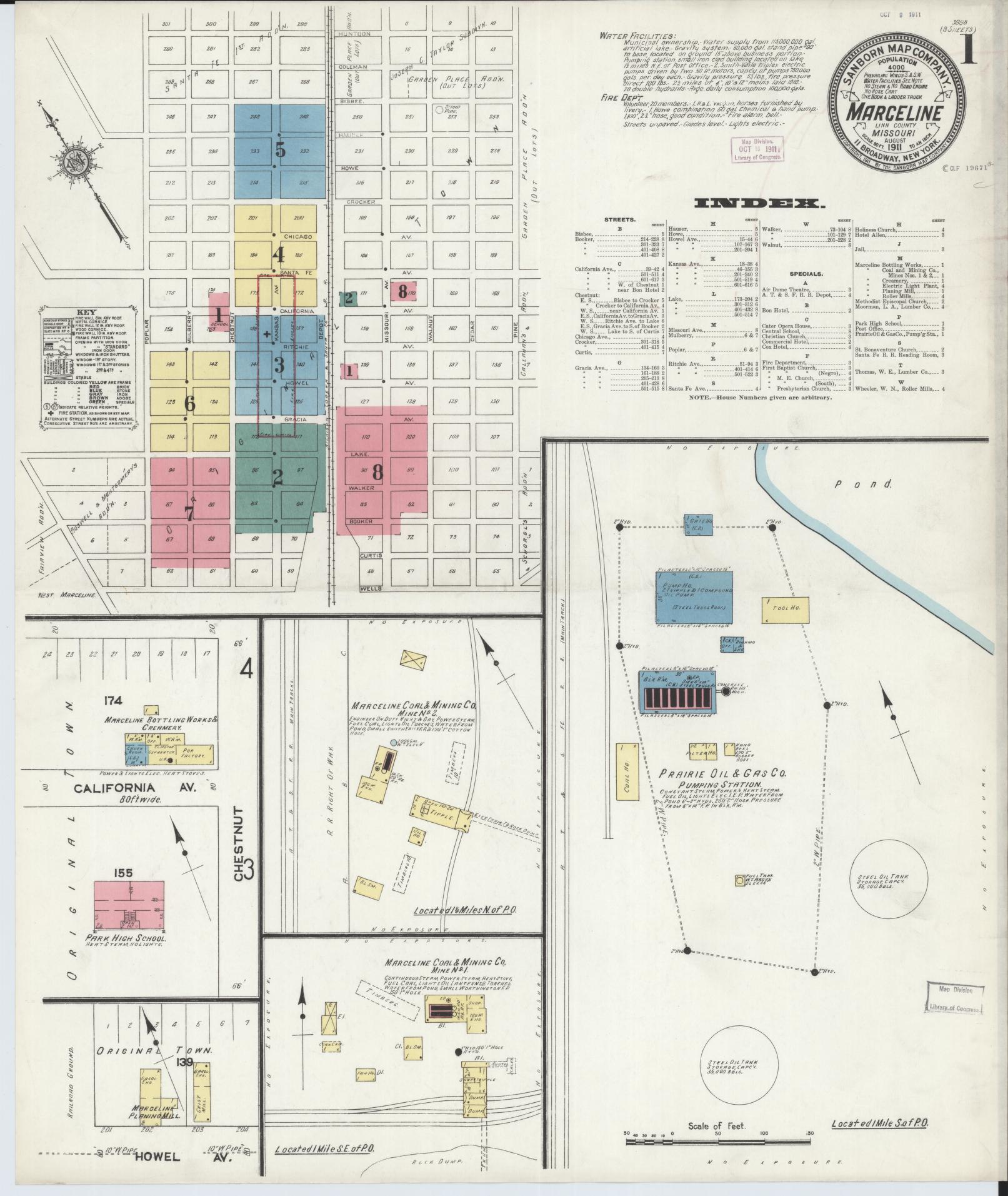 Sanborn Fire Insurance Map from Marceline, Linn County, Missouri (1911), Sheet #0001 - Historic Sanborn Fire Insurance Map Print, vintage old map wall art, antique decor, genealogy gift, Missouri Missouri map