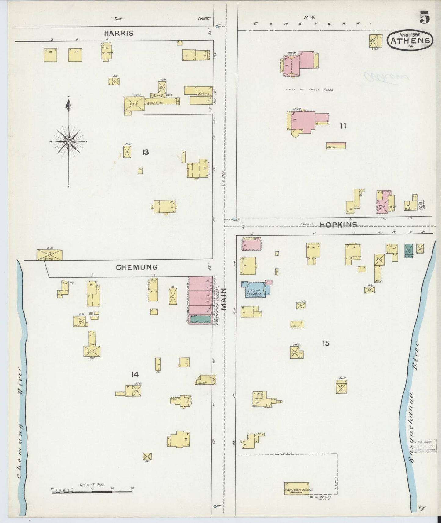 Sanborn Fire Insurance Map from Athens, Bradford County, Pennsylvania (1892), Sheet #0005 - Historic Sanborn Fire Insurance Map Print, vintage old map wall art, antique decor, genealogy gift, Pennsylvania Pennsylvania map
