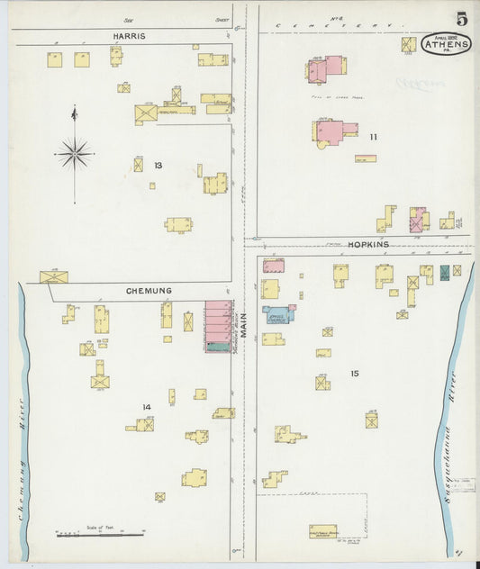 Sanborn Fire Insurance Map from Athens, Bradford County, Pennsylvania (1892), Sheet #0005 - Historic Sanborn Fire Insurance Map Print, vintage old map wall art, antique decor, genealogy gift, Pennsylvania Pennsylvania map