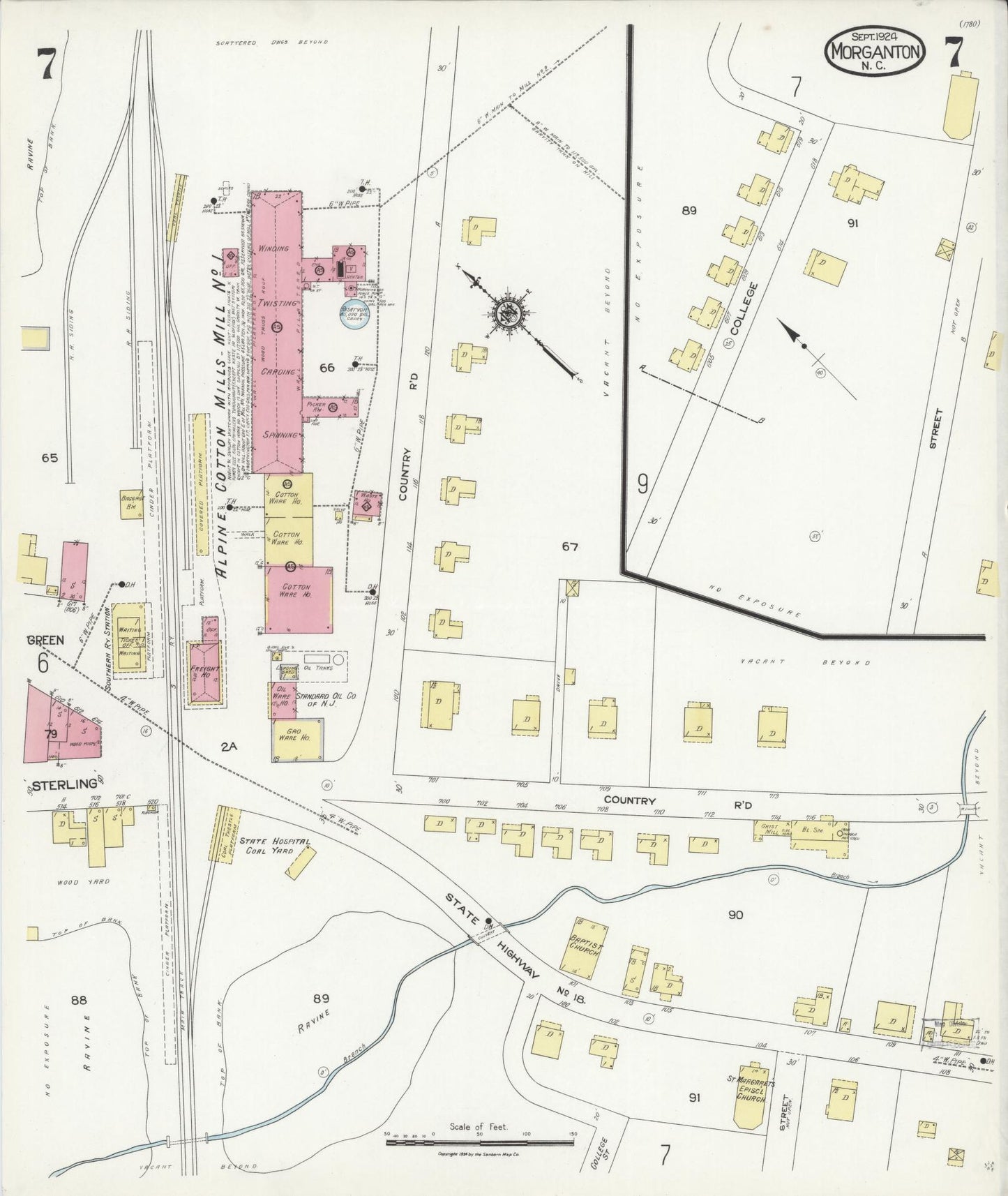 Sanborn Fire Insurance Map from Morganton, Burke County, North Carolina (1924), Sheet #0007 - Historic Sanborn Fire Insurance Map Print, vintage old map wall art, antique decor, genealogy gift, North Carolina North Carolina map