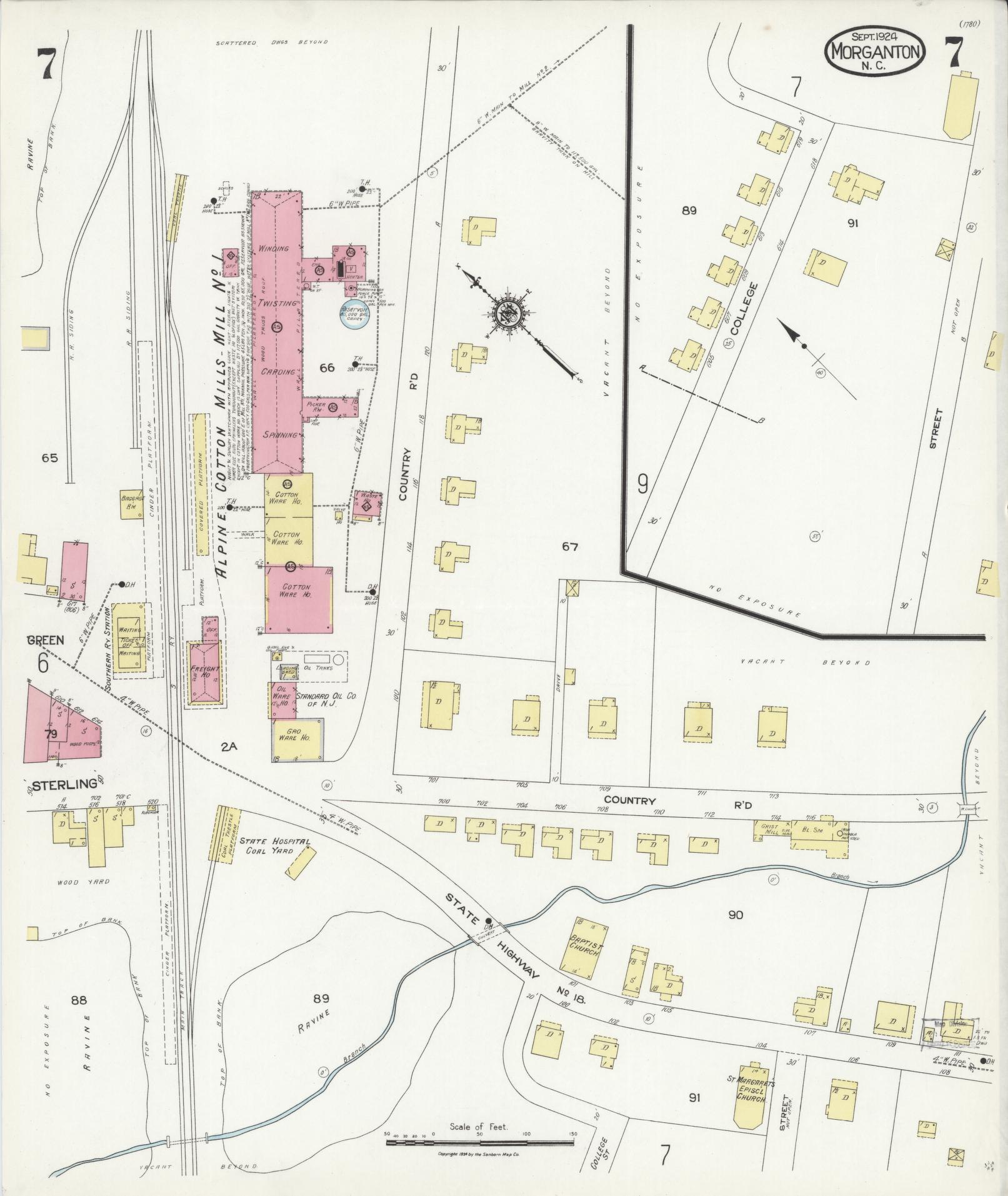 Sanborn Fire Insurance Map from Morganton, Burke County, North Carolina (1924), Sheet #0007 - Historic Sanborn Fire Insurance Map Print, vintage old map wall art, antique decor, genealogy gift, North Carolina North Carolina map