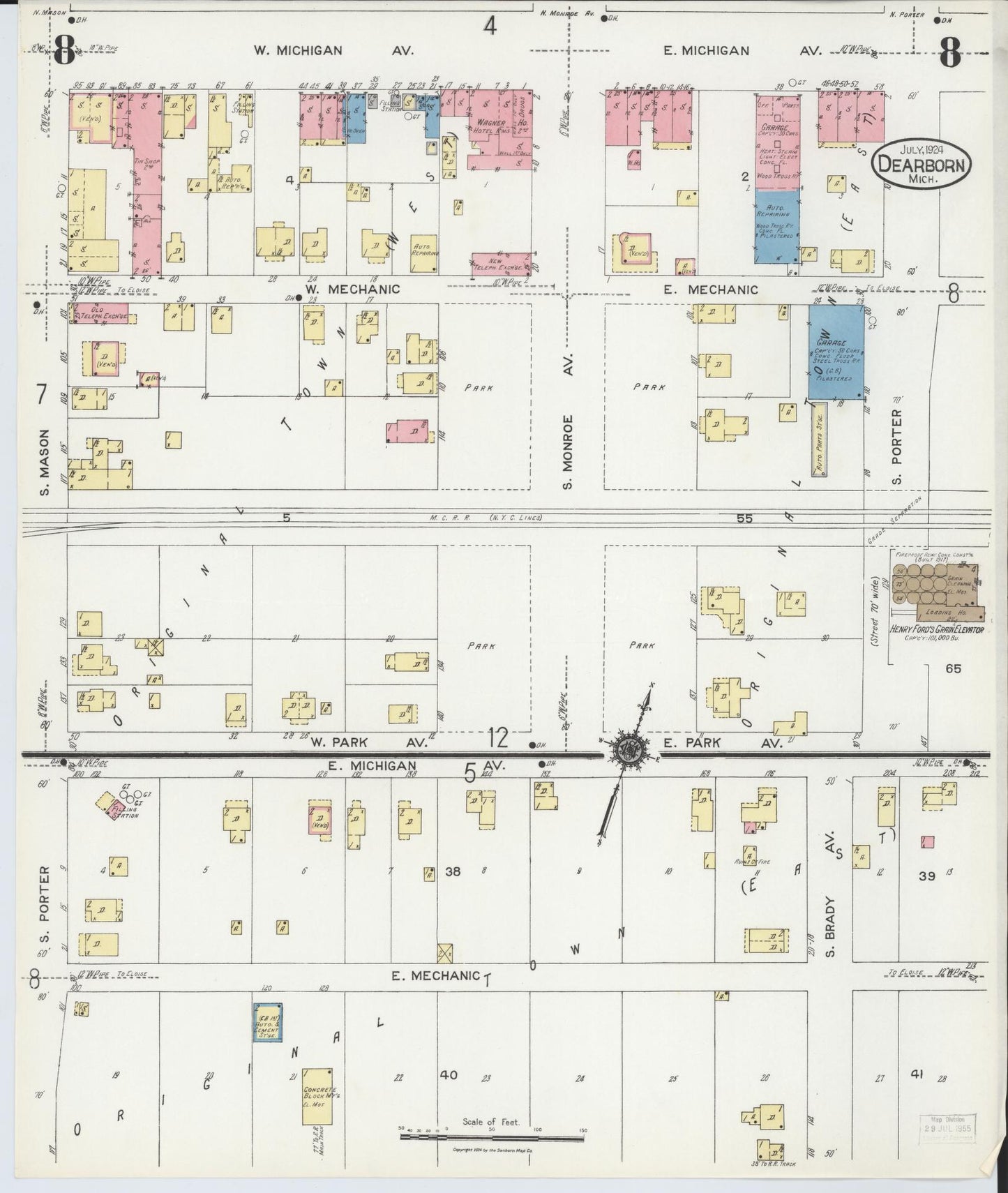 Sanborn Fire Insurance Map from Dearborn, Wayne County, Michigan (1924), Sheet #0008 - Historic Sanborn Fire Insurance Map Print, vintage old map wall art, antique decor, genealogy gift, Michigan Michigan map