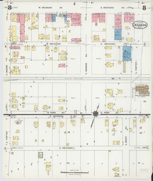 Sanborn Fire Insurance Map from Dearborn, Wayne County, Michigan (1924), Sheet #0008 - Historic Sanborn Fire Insurance Map Print, vintage old map wall art, antique decor, genealogy gift, Michigan Michigan map