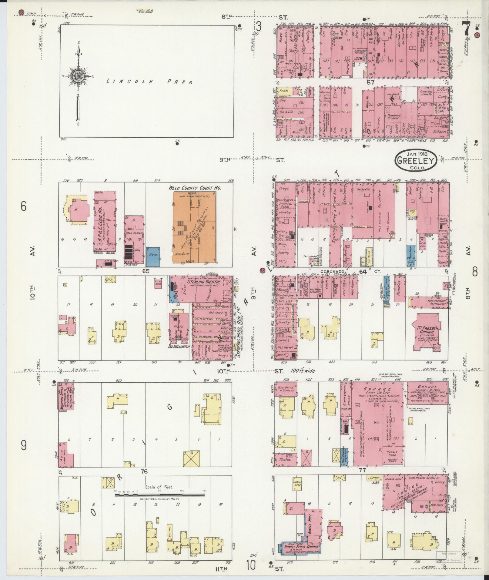 Sanborn Fire Insurance Map from Greeley, Weld County, Colorado (1918), Sheet #0007 - Historic Sanborn Fire Insurance Map Print, vintage old map wall art, antique decor, genealogy gift, Colorado Colorado map