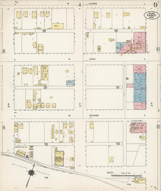 Sanborn Fire Insurance Map from Pasco, Franklin County, Washington (1912), Sheet #0009 - Historic Sanborn Fire Insurance Map Print, vintage old map wall art, antique decor, genealogy gift, Washington Washington map