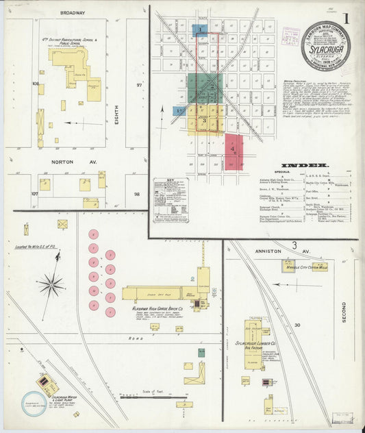 Sanborn Fire Insurance Map from Sylacauga, Talladega County, Alabama (1909), Sheet #0001 - Historic Sanborn Fire Insurance Map Print, vintage old map wall art, antique decor, genealogy gift, Alabama Alabama map