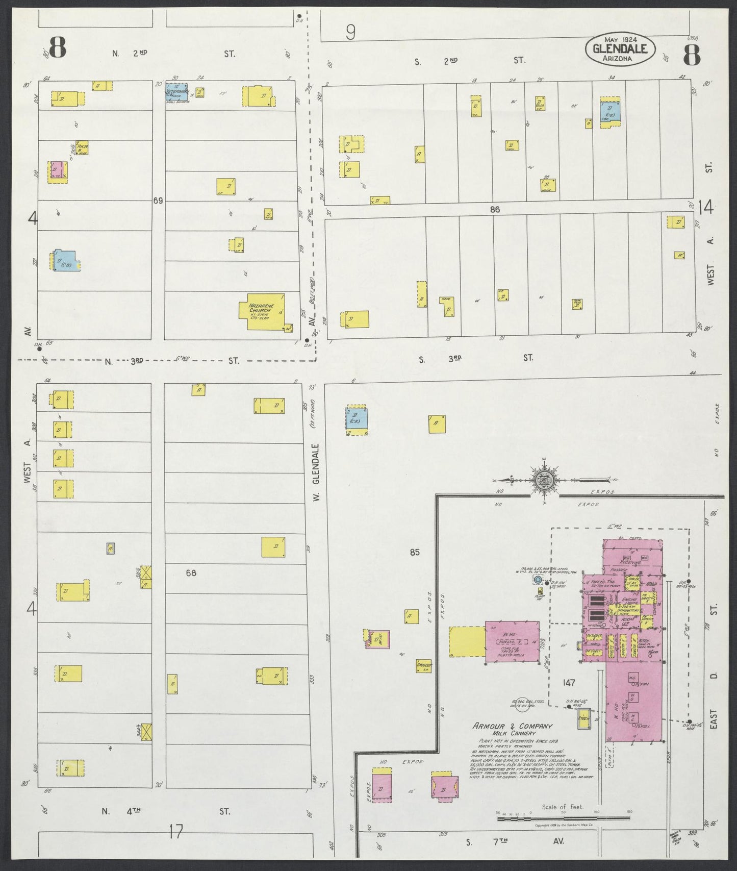 Sanborn Fire Insurance Map from Glendale, Maricopa County, Arizona (1924), Sheet #0008 - Historic Sanborn Fire Insurance Map Print, vintage old map wall art, antique decor, genealogy gift, Arizona Arizona map