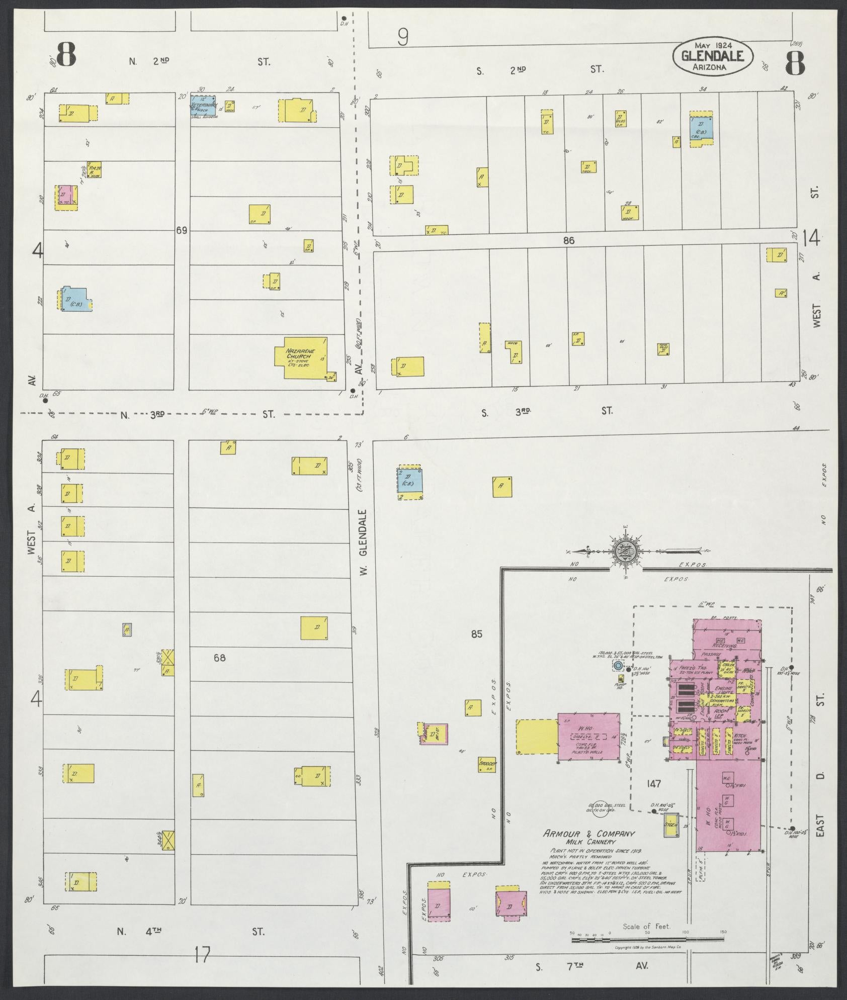 Sanborn Fire Insurance Map from Glendale, Maricopa County, Arizona (1924), Sheet #0008 - Historic Sanborn Fire Insurance Map Print, vintage old map wall art, antique decor, genealogy gift, Arizona Arizona map