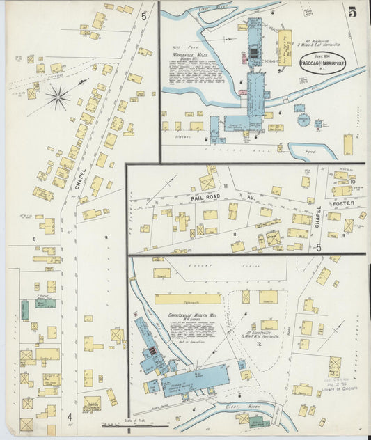 Sanborn Fire Insurance Map from Pascoag, Providence County, Rhode Island (1896), Sheet #0005 - Historic Sanborn Fire Insurance Map Print, vintage old map wall art, antique decor, genealogy gift, Rhode Island Rhode Island map
