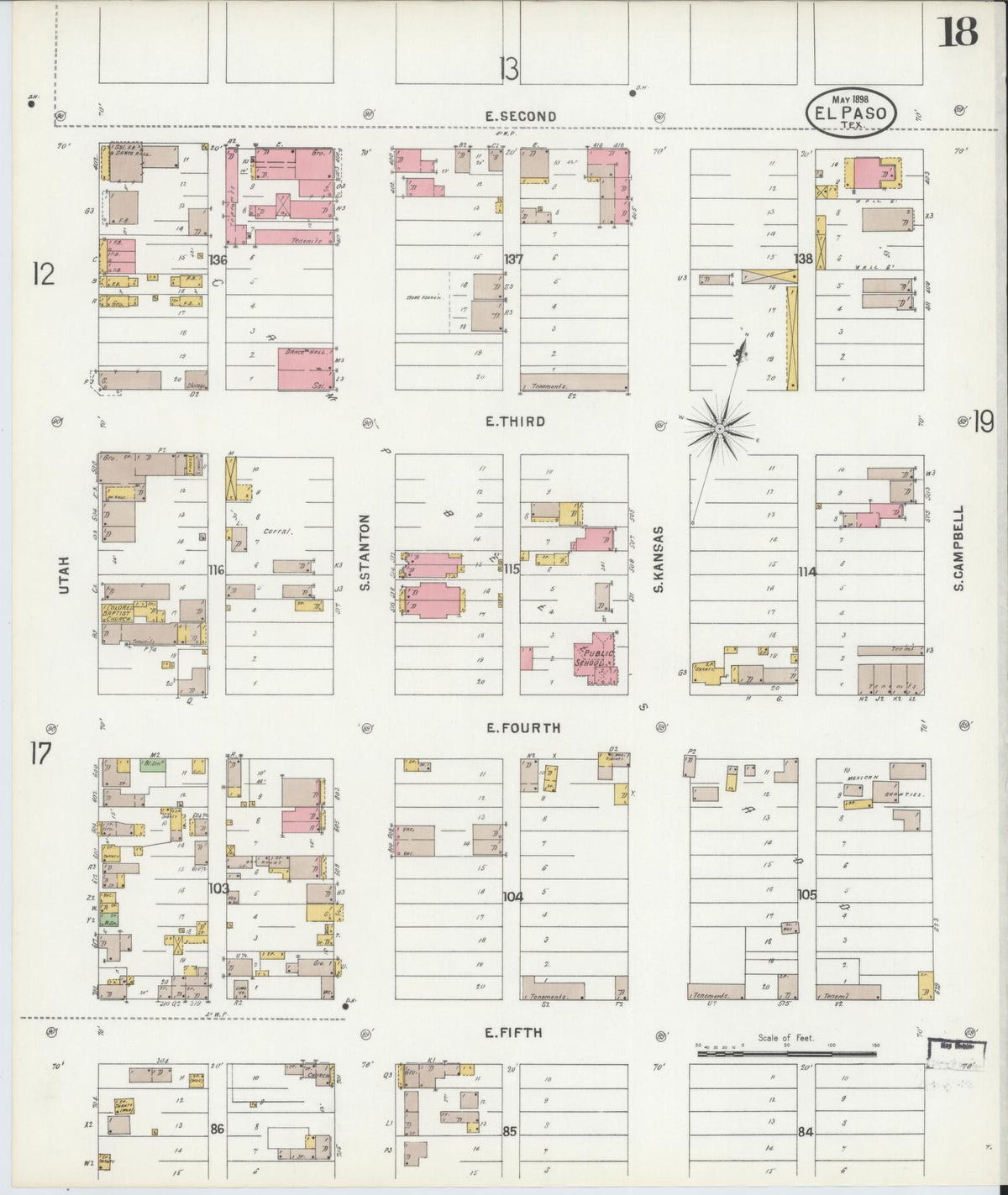 Sanborn Fire Insurance Map from El Paso, El Paso County, Texas (1898), Sheet #0018 - Historic Sanborn Fire Insurance Map Print, vintage old map wall art, antique decor, genealogy gift, Texas Texas map