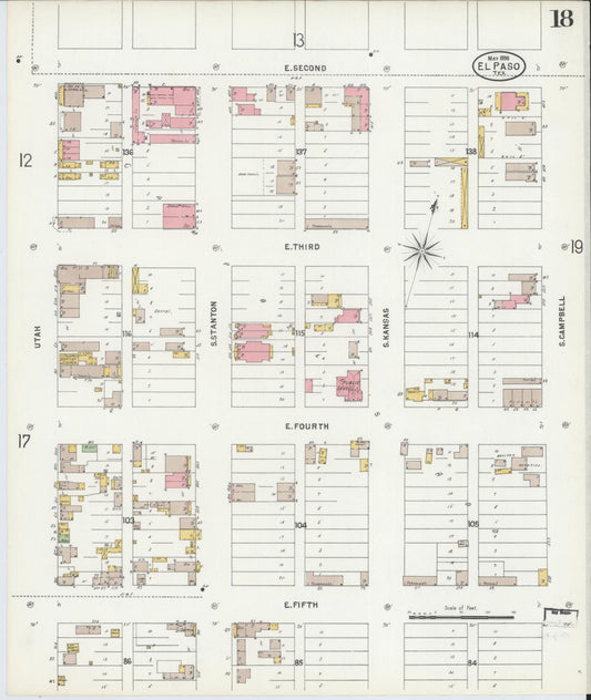 Sanborn Fire Insurance Map from El Paso, El Paso County, Texas (1898), Sheet #0018 - Historic Sanborn Fire Insurance Map Print, vintage old map wall art, antique decor, genealogy gift, Texas Texas map