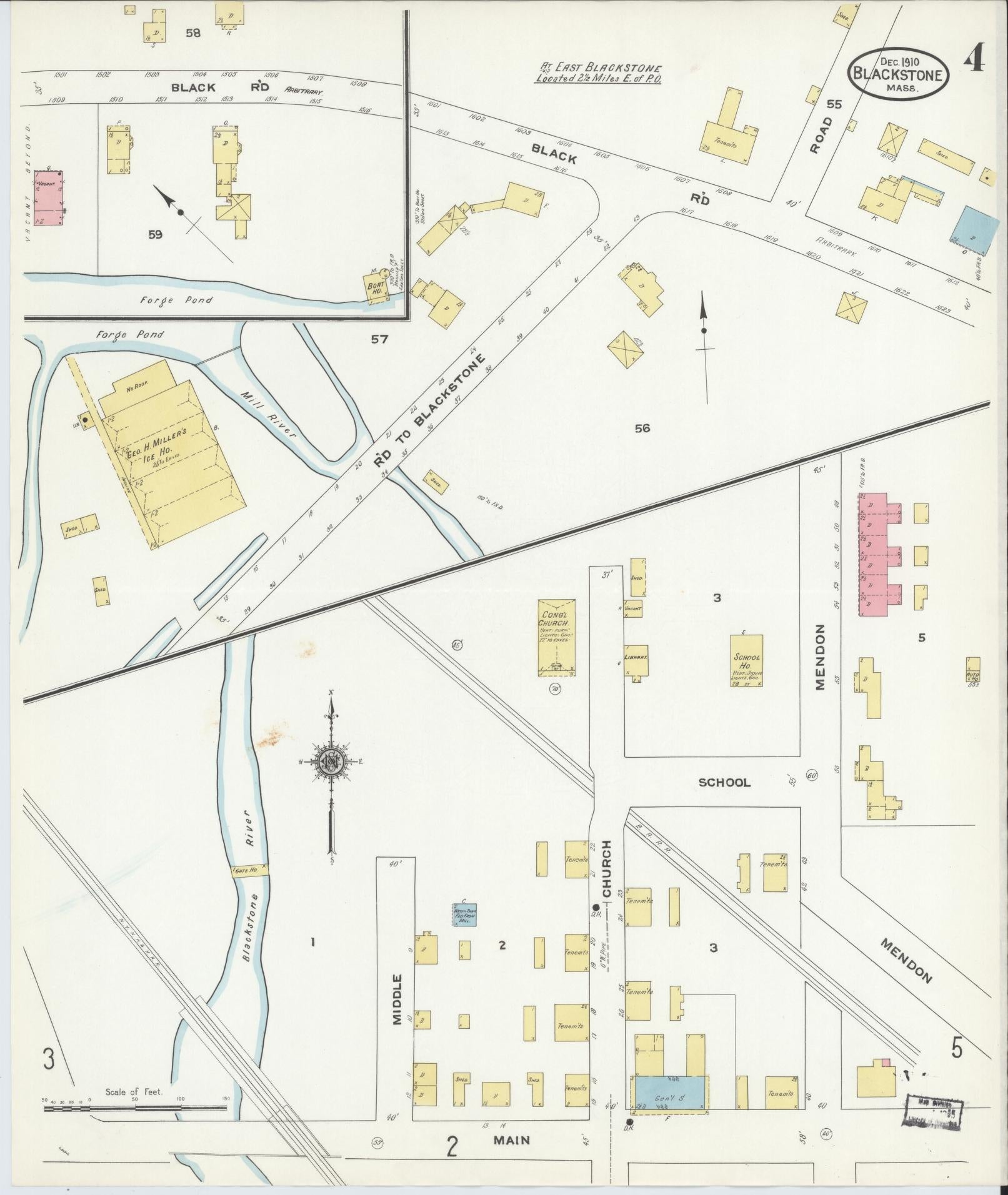 Sanborn Fire Insurance Map from Blackstone, Worcester County, Massachusetts (1910), Sheet #0004 - Complete Map Set gallery image, historic Sanborn map, vintage wall art, Massachusetts Massachusetts