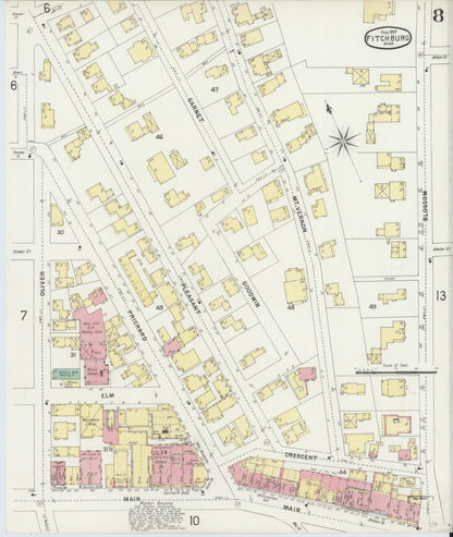Sanborn Fire Insurance Map from Fitchburg, Worcester County, Massachusetts (1897), Sheet #0008 - Historic Sanborn Fire Insurance Map Print, vintage old map wall art, antique decor, genealogy gift, Massachusetts Massachusetts map