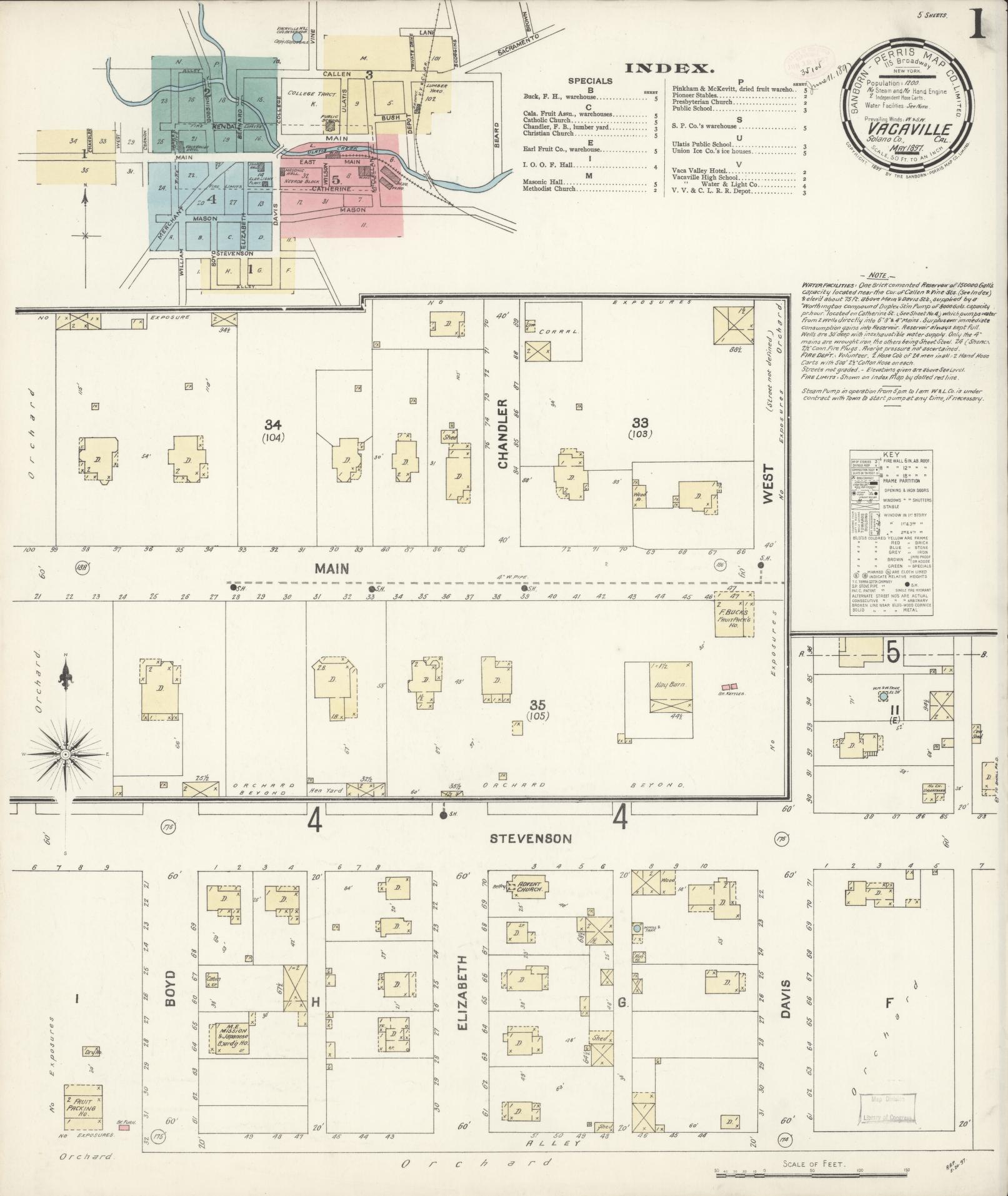 Sanborn Fire Insurance Map from Vacaville, Solano County, California (1897), Sheet #0001 - Complete Map Set gallery image, historic Sanborn map, vintage wall art, California California