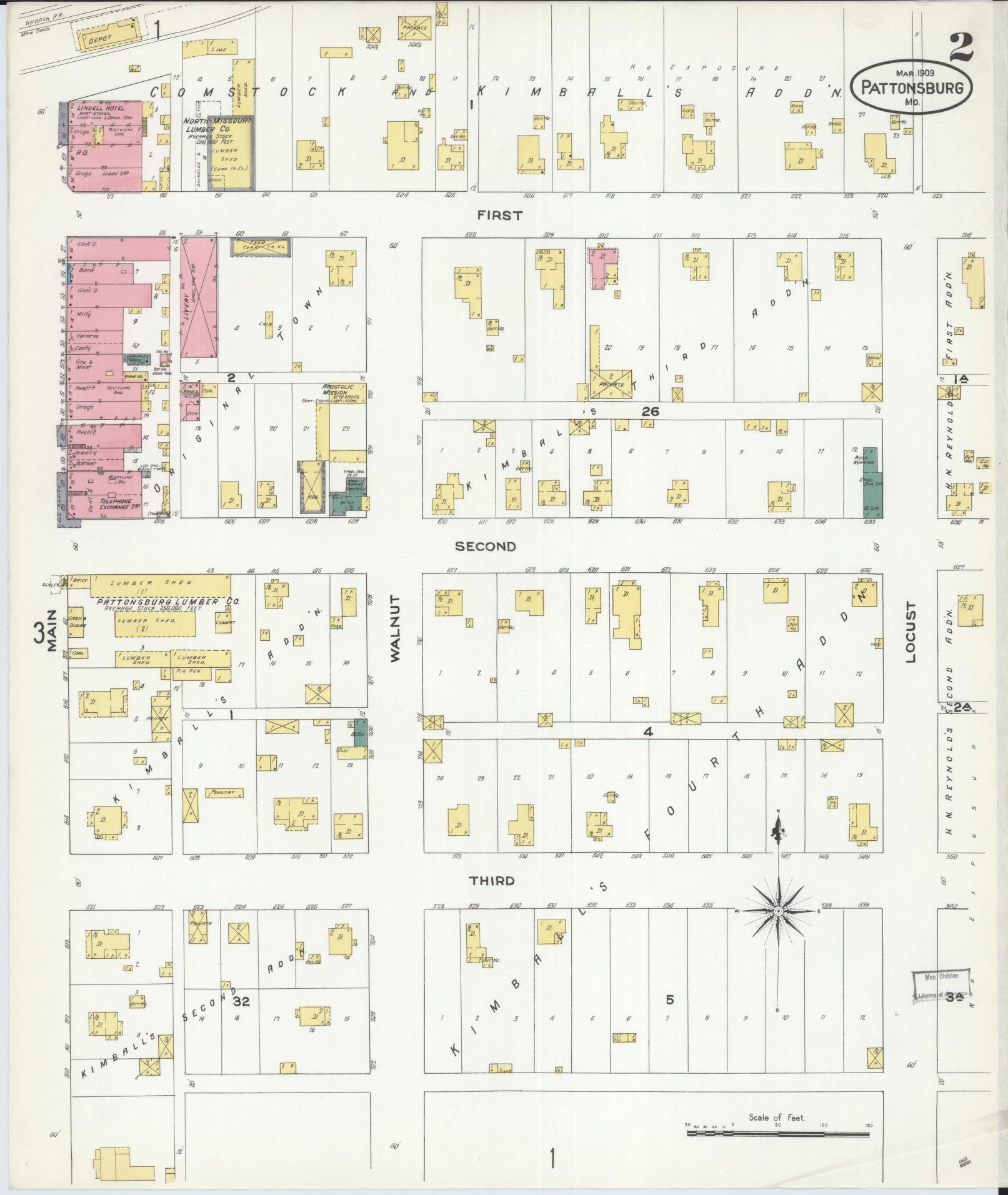 Sanborn Fire Insurance Map from Pattonsburg, Daviess County, Missouri (1909), Sheet #0002 - Complete Map Set gallery image, historic Sanborn map, vintage wall art, Missouri Missouri