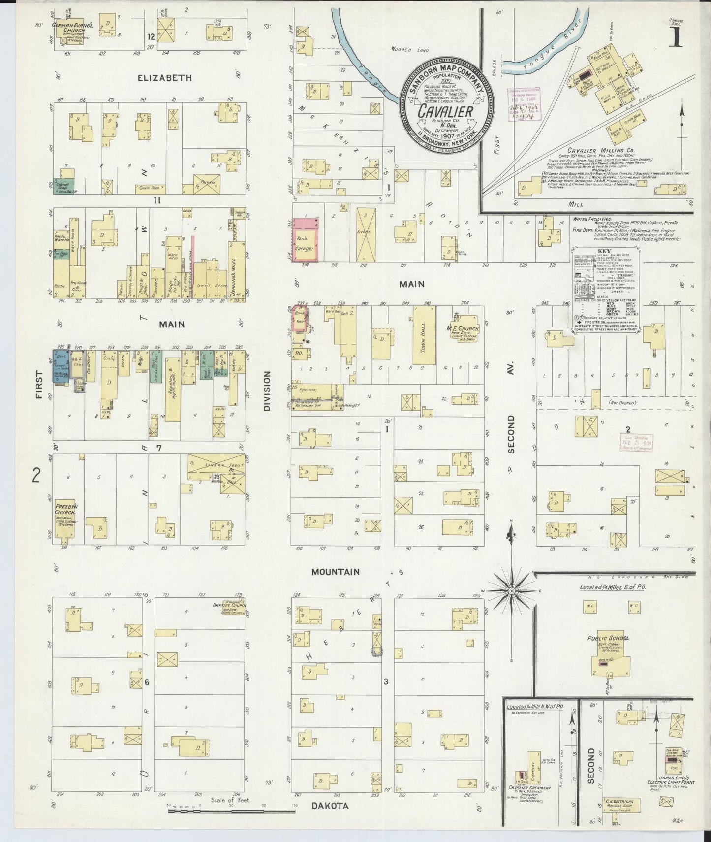 Sanborn Fire Insurance Map from Cavalier, Pembina County, North Dakota (1907), Sheet #0001 - Complete Map Set gallery image, historic Sanborn map, vintage wall art, North Dakota North Dakota