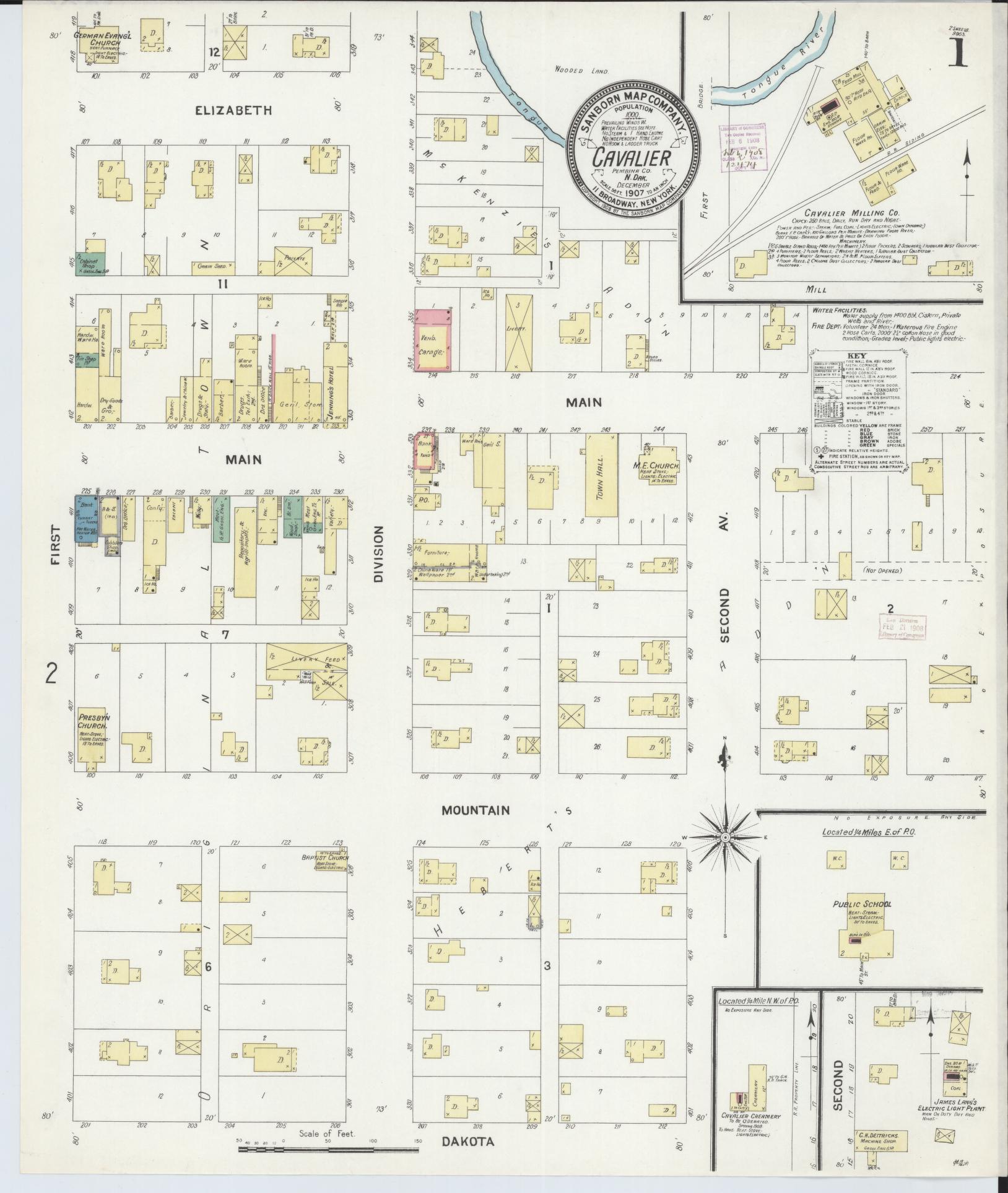 Sanborn Fire Insurance Map from Cavalier, Pembina County, North Dakota (1907), Sheet #0001 - Complete Map Set gallery image, historic Sanborn map, vintage wall art, North Dakota North Dakota