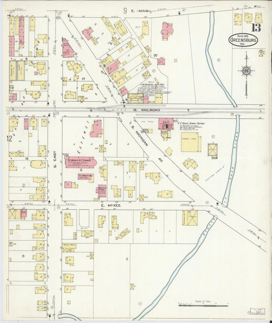 Sanborn Fire Insurance Map from Greensburg, Decatur County, Indiana (1913), Sheet #0013 - Historic Sanborn Fire Insurance Map Print, vintage old map wall art, antique decor, genealogy gift, Indiana Indiana map