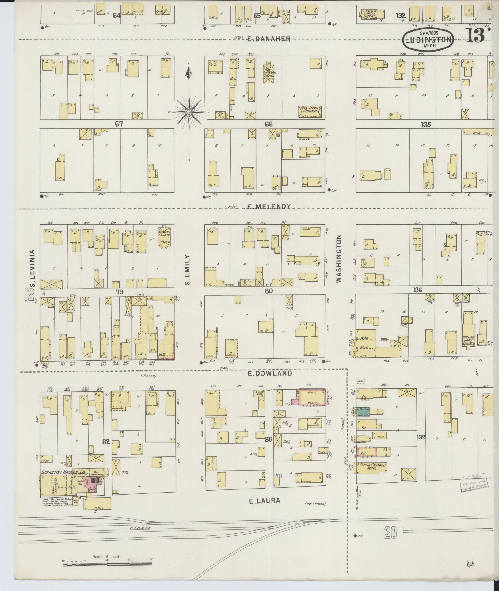 Sanborn Fire Insurance Map from Ludington, Mason County, Michigan (1895), Sheet #0013 - Complete Map Set gallery image, historic Sanborn map, vintage wall art, Michigan Michigan