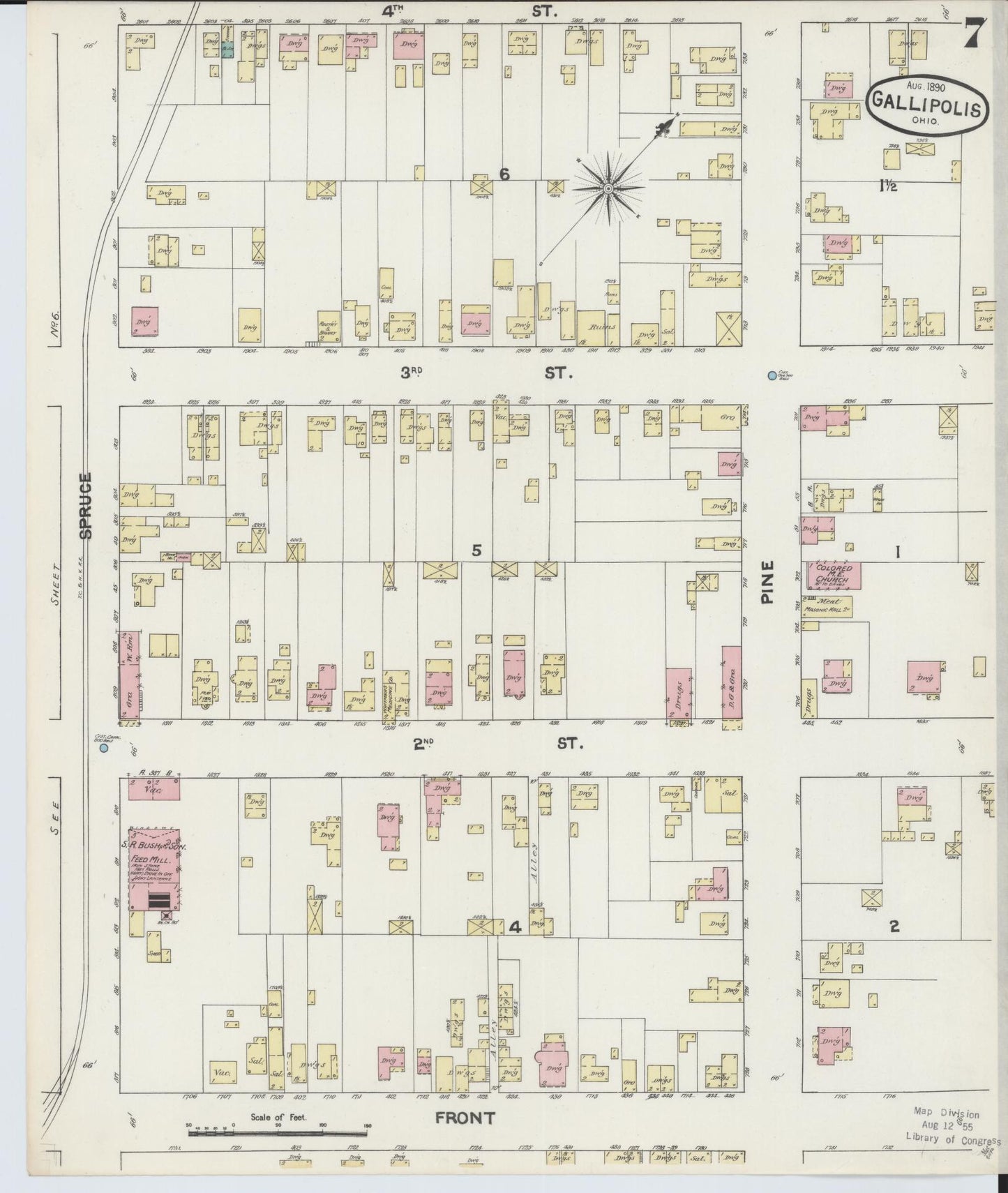 Sanborn Fire Insurance Map from Gallipolis, Gallia County, Ohio (1890), Sheet #0007 - Historic Sanborn Fire Insurance Map Print, vintage old map wall art, antique decor, genealogy gift, Ohio Ohio map