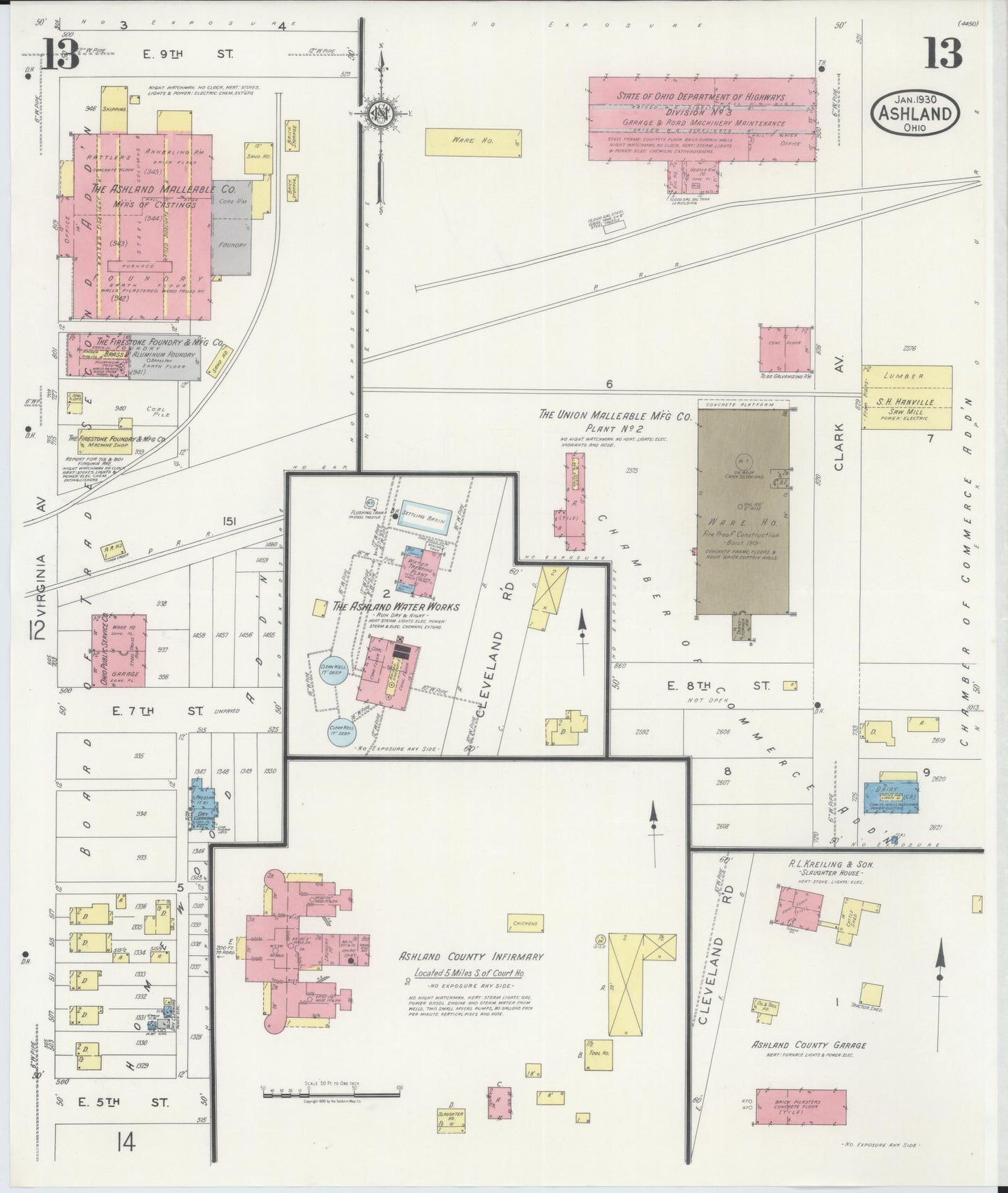 Sanborn Fire Insurance Map from Ashland, Ashland County, Ohio (1930), Sheet #0013 - Historic Sanborn Fire Insurance Map Print, vintage old map wall art, antique decor, genealogy gift, Ohio Ohio map