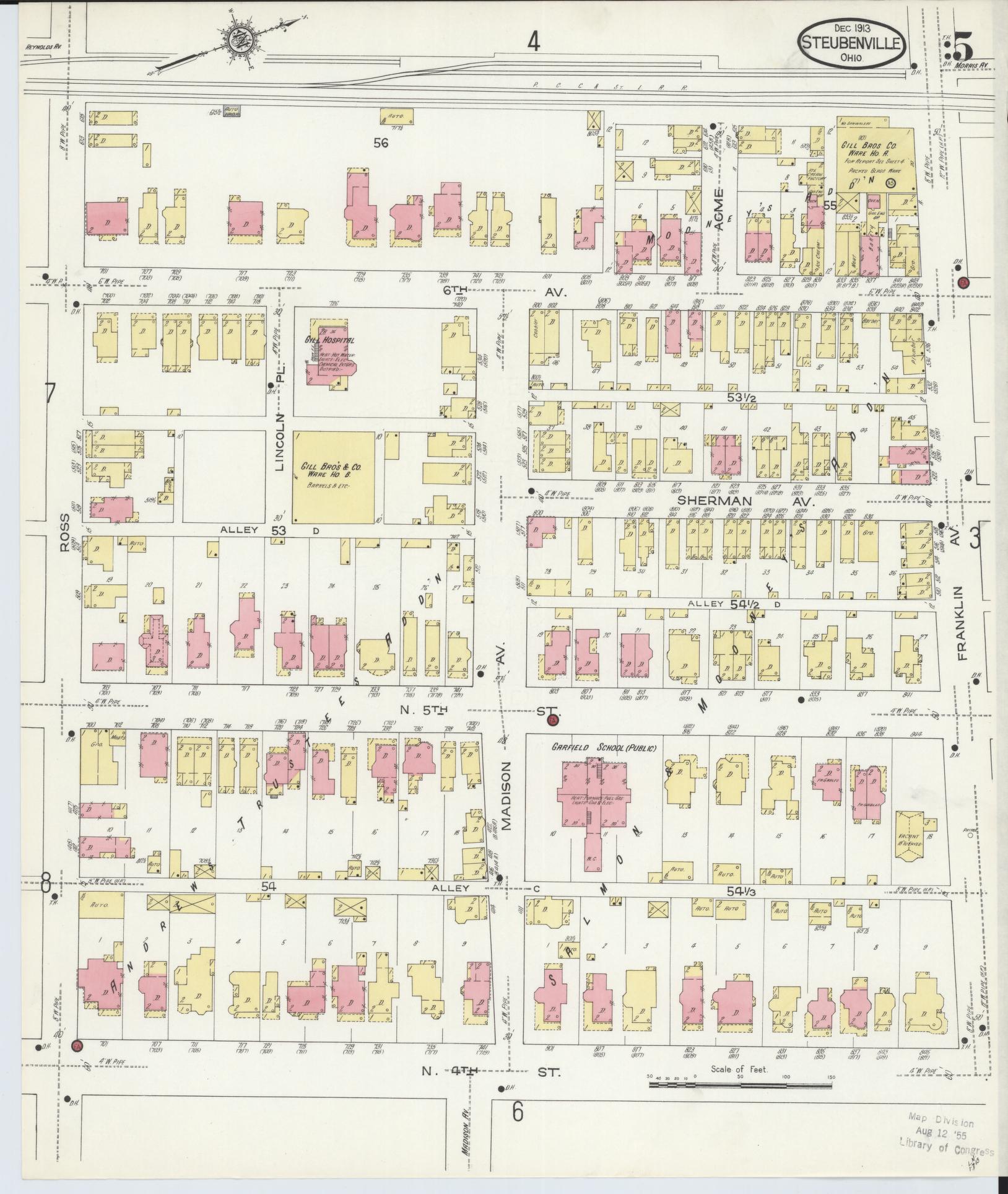 Sanborn Fire Insurance Map from Steubenville, Jefferson County, Ohio (1913), Sheet #0005 - Historic Sanborn Fire Insurance Map Print, vintage old map wall art, antique decor, genealogy gift, Ohio Ohio map