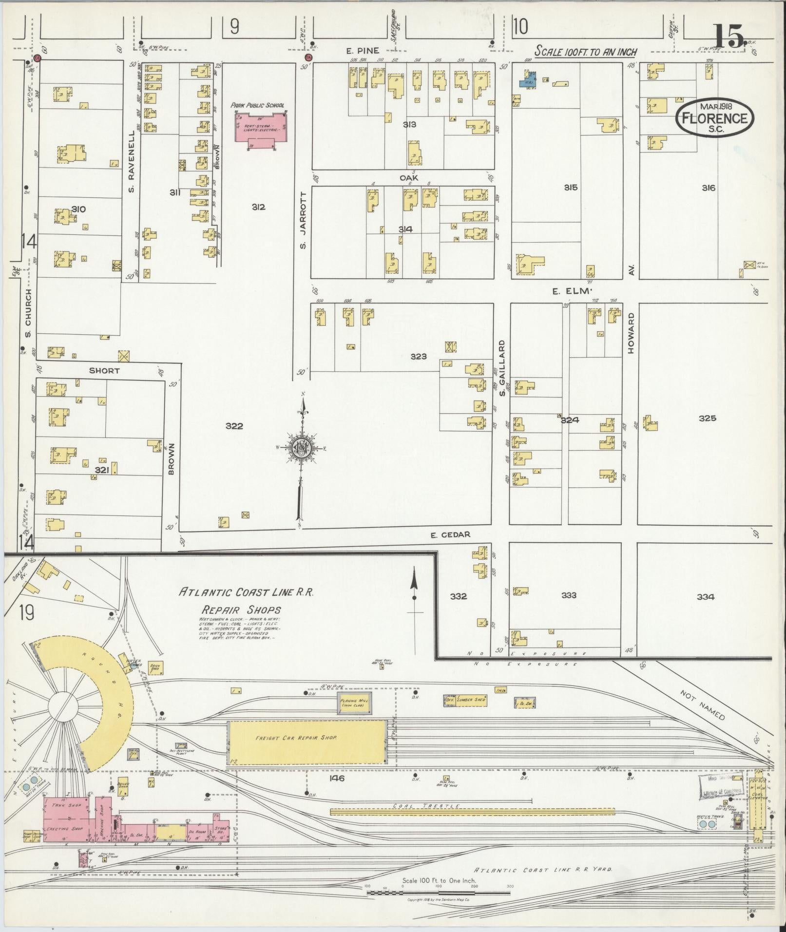 Sanborn Fire Insurance Map from Florence, Florence County, South Carolina (1918), Sheet #0015 - Historic Sanborn Fire Insurance Map Print, vintage old map wall art, antique decor, genealogy gift, South Carolina South Carolina map