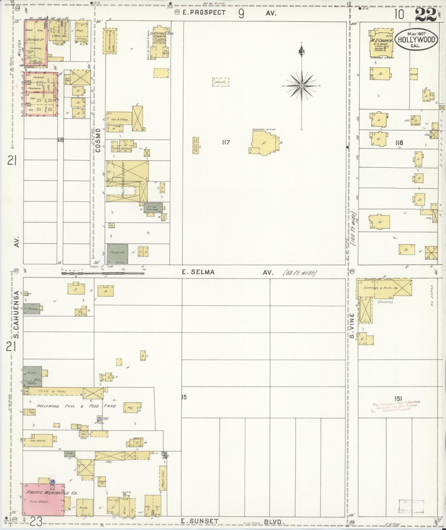 Sanborn Fire Insurance Map from Hollywood, Los Angeles County, California (1907), Sheet #0022 - Complete Map Set gallery image, historic Sanborn map, vintage wall art, California California