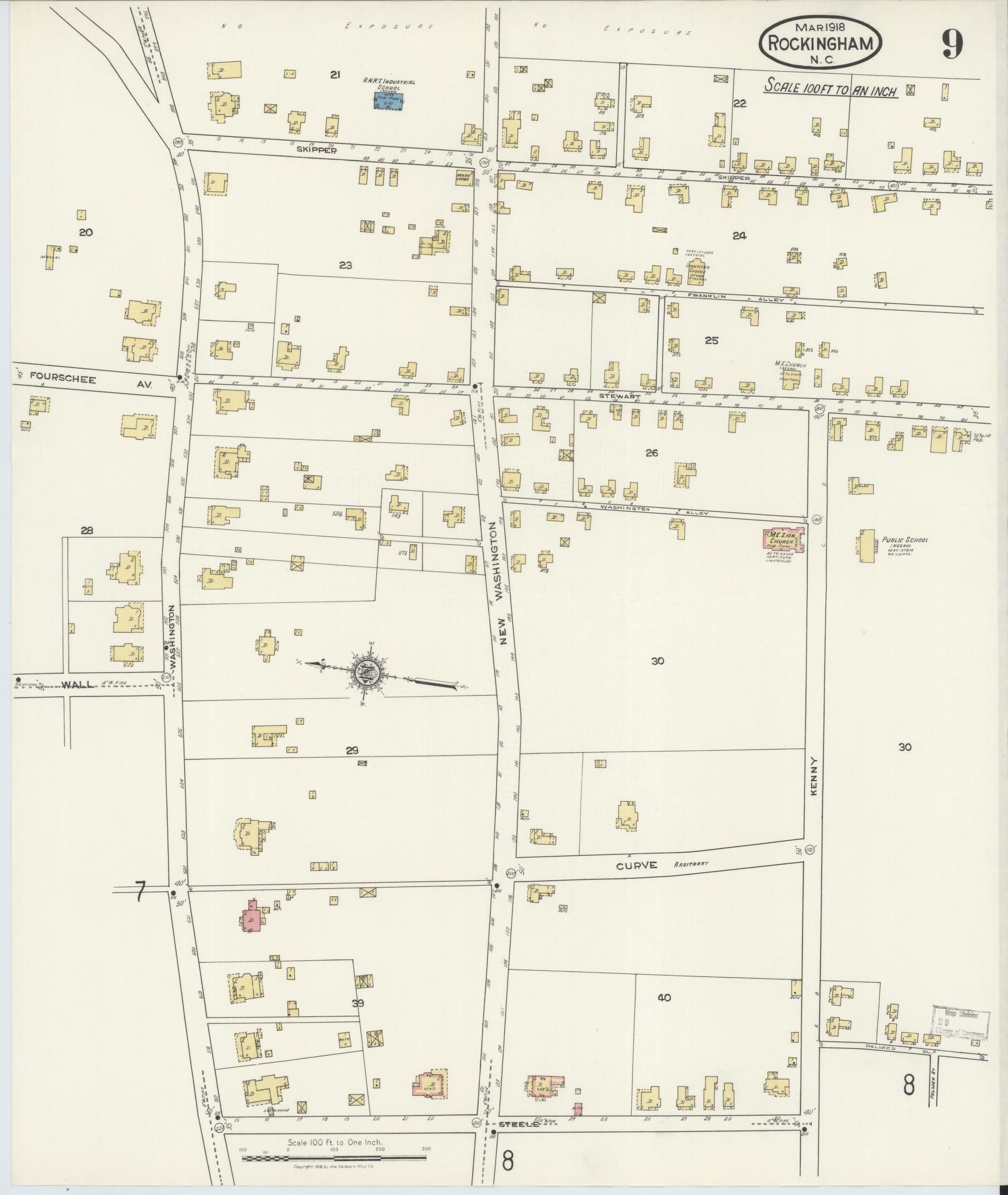Sanborn Fire Insurance Map from Rockingham, Richmond County, North Carolina (1918), Sheet #0009 - Complete Map Set gallery image, historic Sanborn map, vintage wall art, North Carolina North Carolina