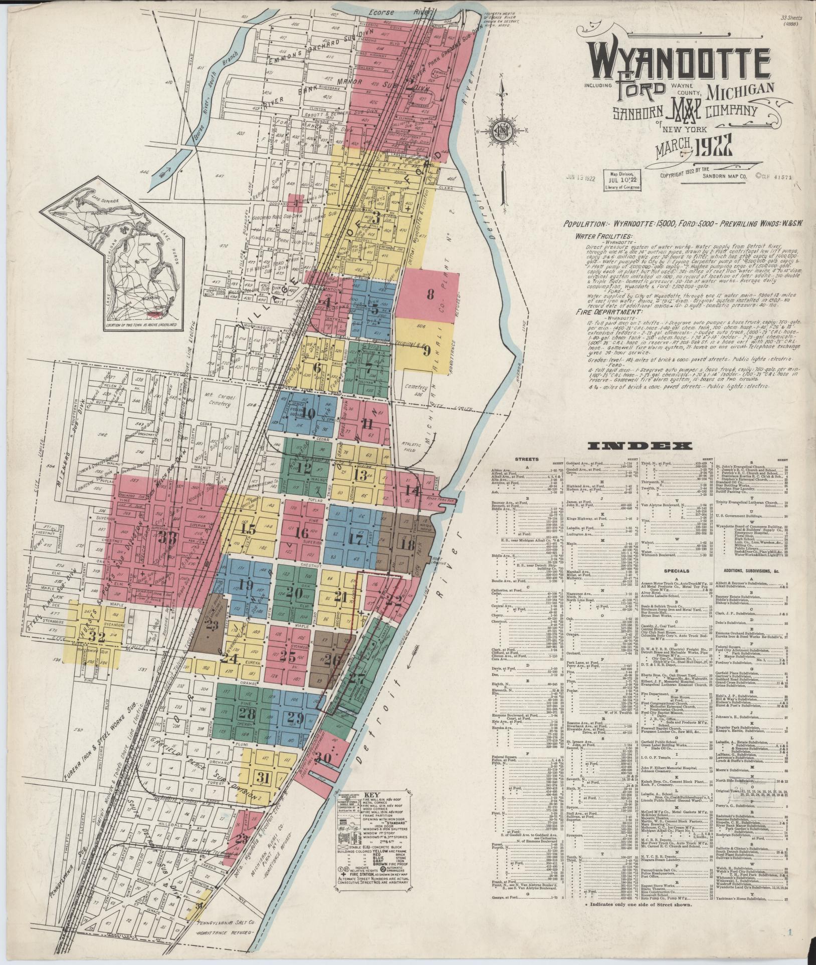 Sanborn Fire Insurance Map from Wyandotte, Wayne County, Michigan (1922), Sheet #0001 - Complete Map Set gallery image, historic Sanborn map, vintage wall art, Michigan Michigan