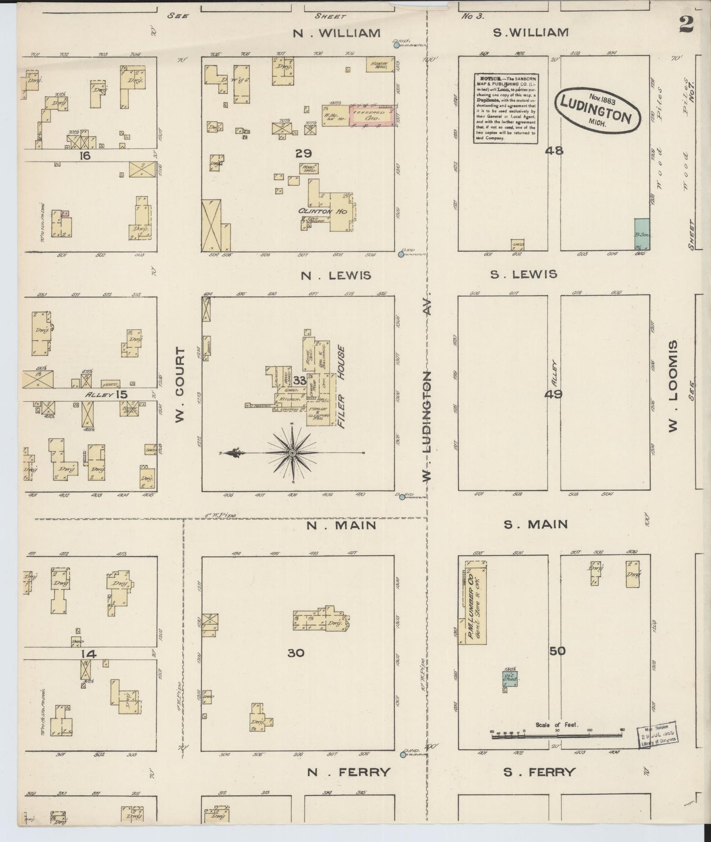Sanborn Fire Insurance Map from Ludington, Mason County, Michigan (1883), Sheet #0002 - Complete Map Set gallery image, historic Sanborn map, vintage wall art, Michigan Michigan