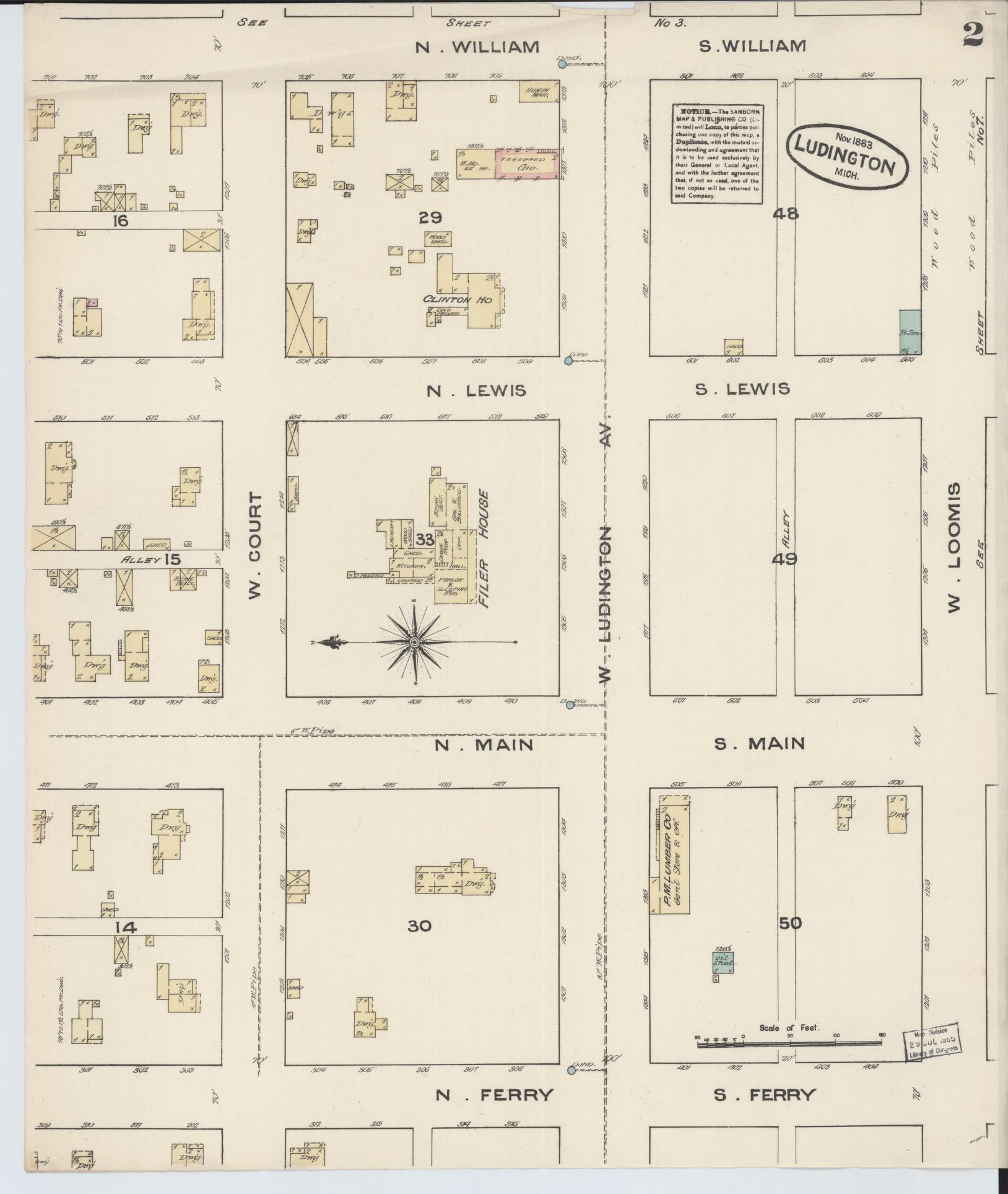 Sanborn Fire Insurance Map from Ludington, Mason County, Michigan (1883), Sheet #0002 - Complete Map Set gallery image, historic Sanborn map, vintage wall art, Michigan Michigan