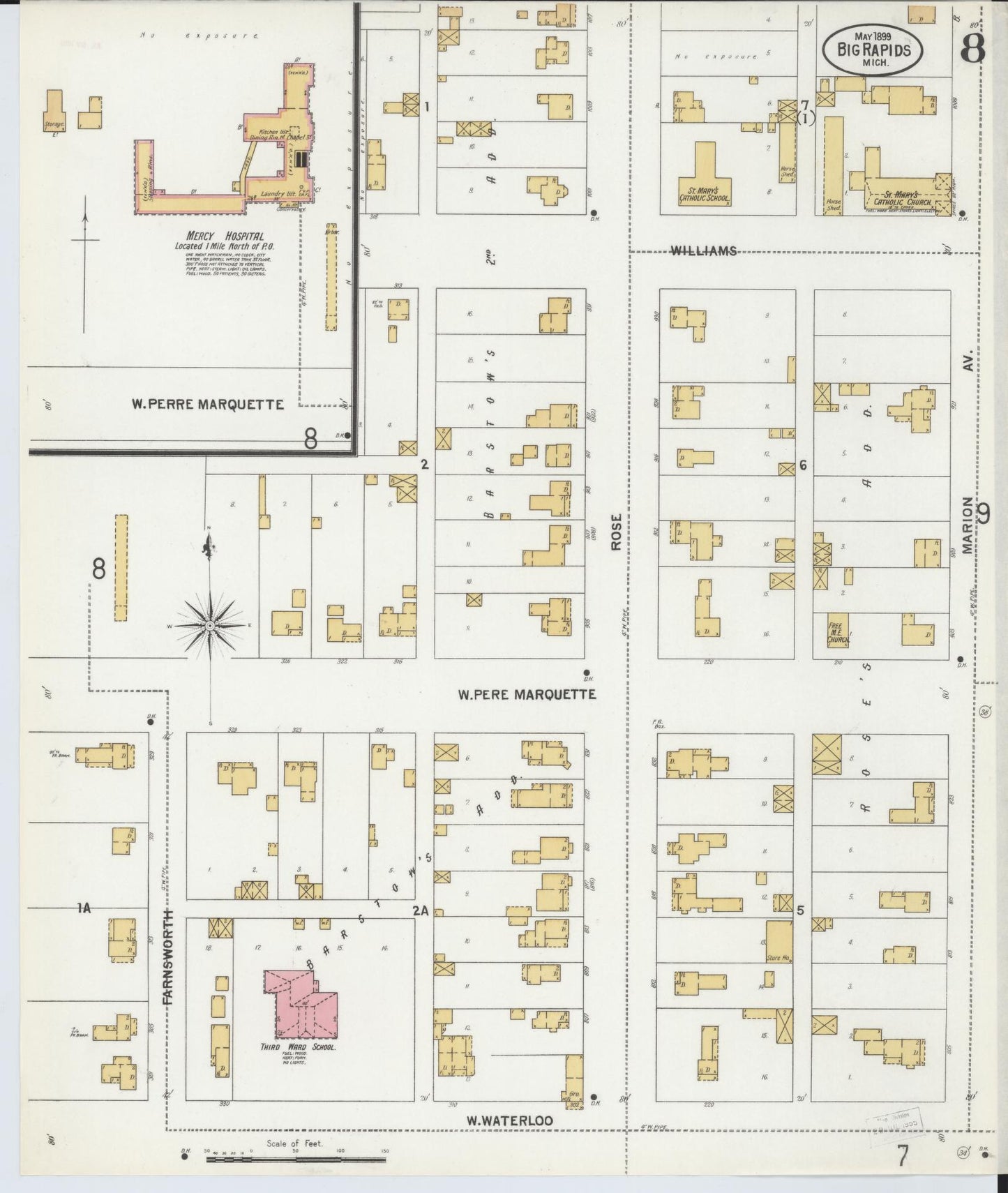Sanborn Fire Insurance Map from Big Rapids, Mecosta County, Michigan (1899), Sheet #0008 - Historic Sanborn Fire Insurance Map Print, vintage old map wall art, antique decor, genealogy gift, Michigan Michigan map