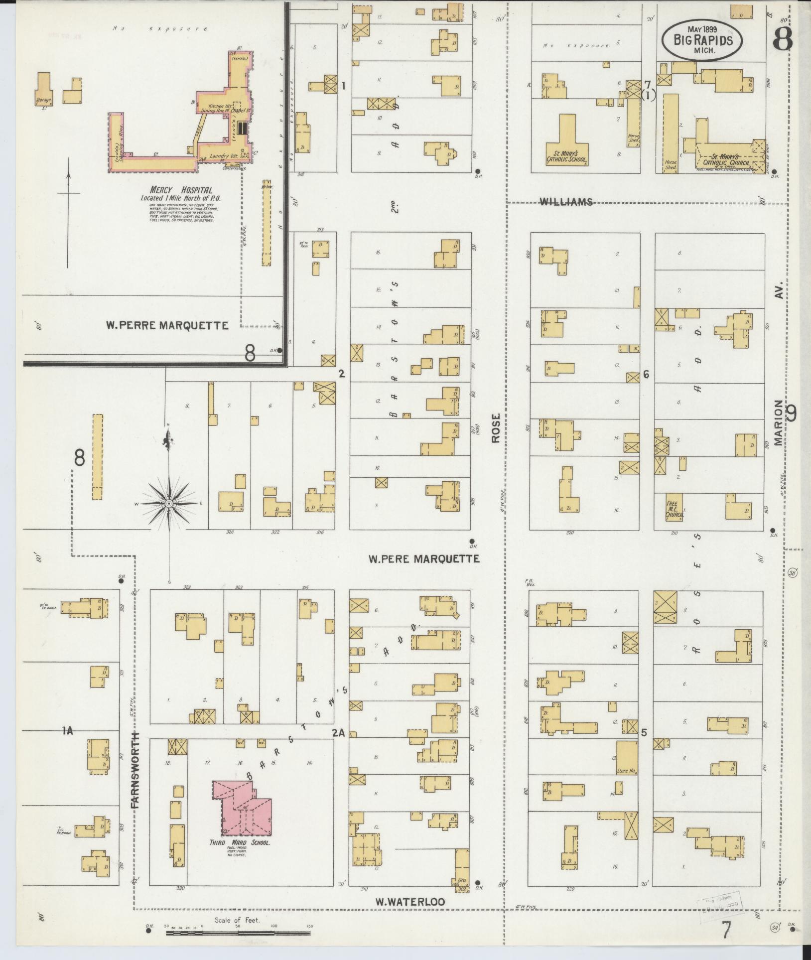 Sanborn Fire Insurance Map from Big Rapids, Mecosta County, Michigan (1899), Sheet #0008 - Historic Sanborn Fire Insurance Map Print, vintage old map wall art, antique decor, genealogy gift, Michigan Michigan map