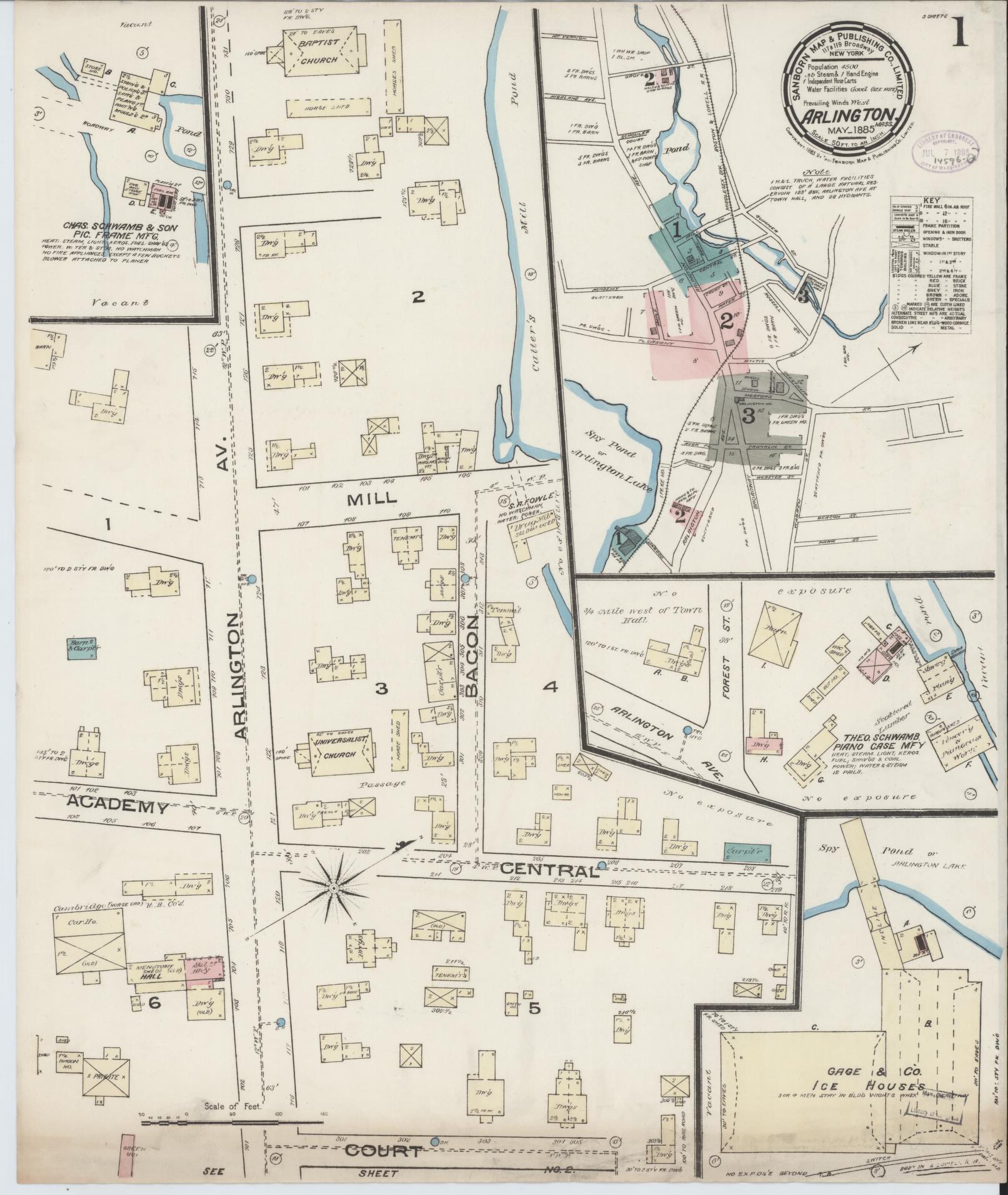Sanborn Fire Insurance Map from Arlington, Middlesex County, Massachusetts (1885), Sheet #0001 - Complete Map Set gallery image, historic Sanborn map, vintage wall art, Massachusetts Massachusetts