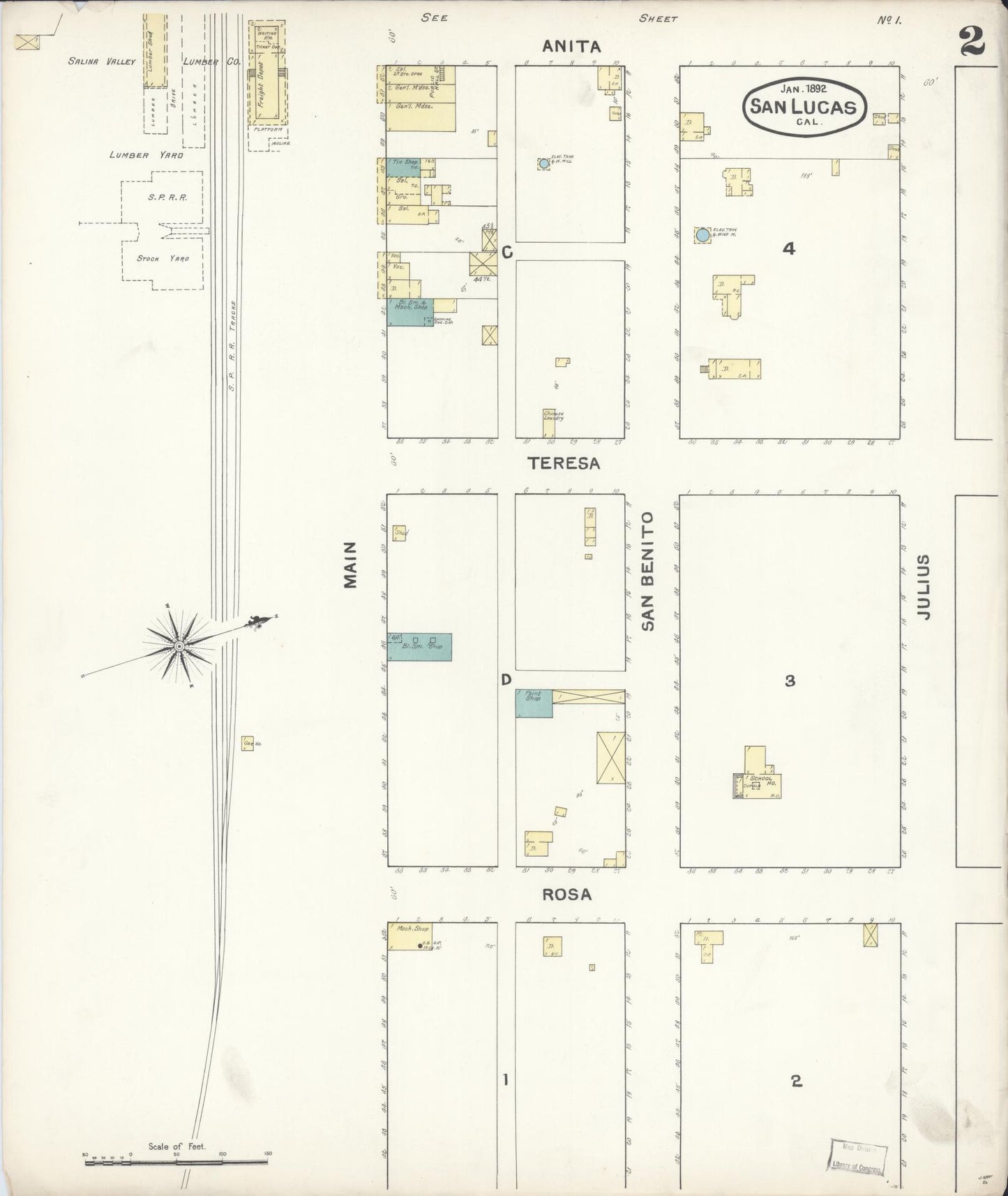 Sanborn Fire Insurance Map from San Lucas, Monterey County, California (1892), Sheet #0002 - Complete Map Set gallery image, historic Sanborn map, vintage wall art, California California