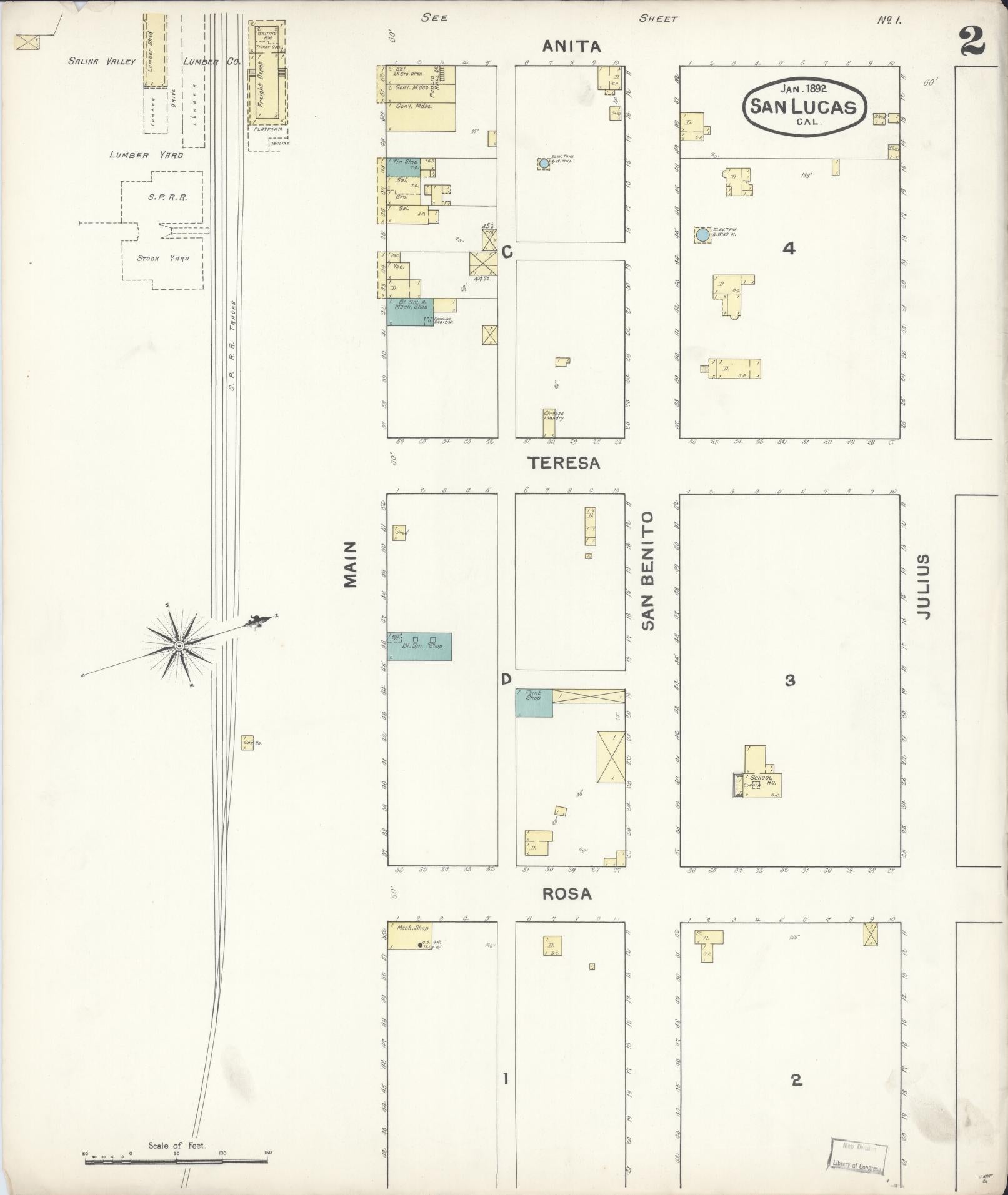 Sanborn Fire Insurance Map from San Lucas, Monterey County, California (1892), Sheet #0002 - Complete Map Set gallery image, historic Sanborn map, vintage wall art, California California