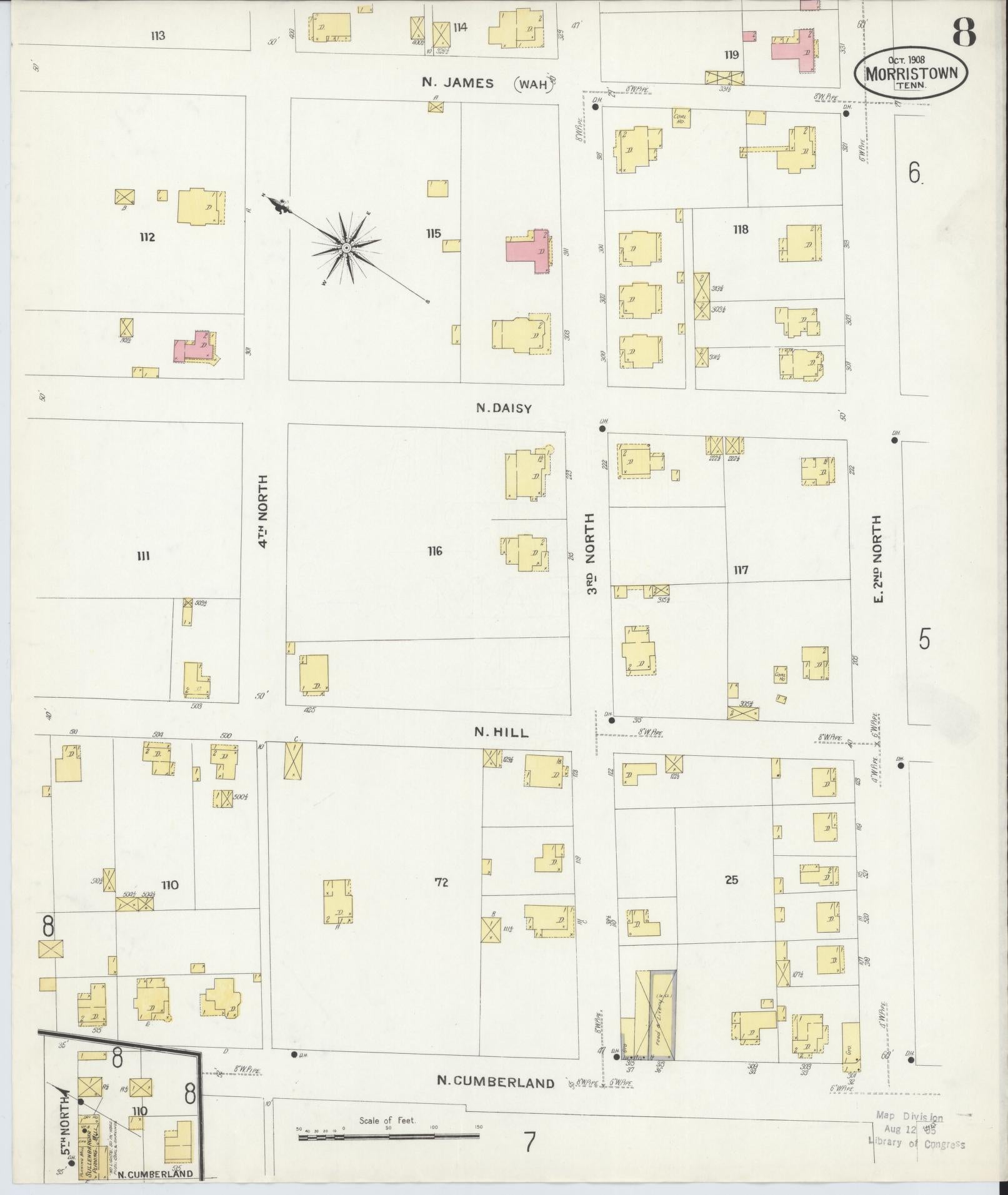 Sanborn Fire Insurance Map from Morristown, Hamblen County, Tennessee (1908), Sheet #0008 - Complete Map Set gallery image, historic Sanborn map, vintage wall art, Tennessee Tennessee