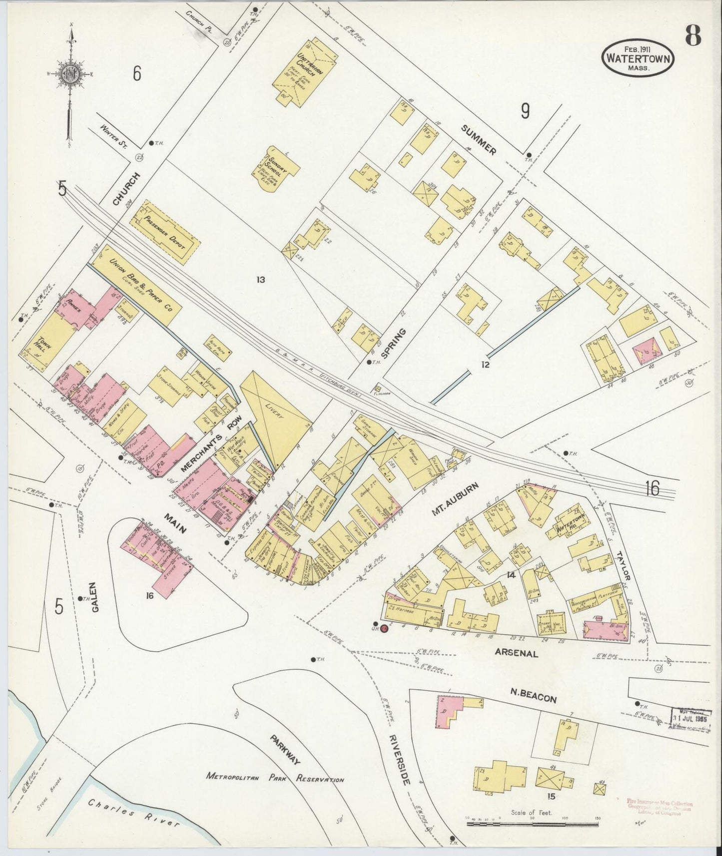 Sanborn Fire Insurance Map from Watertown, Middlesex County, Massachusetts (1911), Sheet #0008 - Complete Map Set gallery image, historic Sanborn map, vintage wall art, Massachusetts Massachusetts