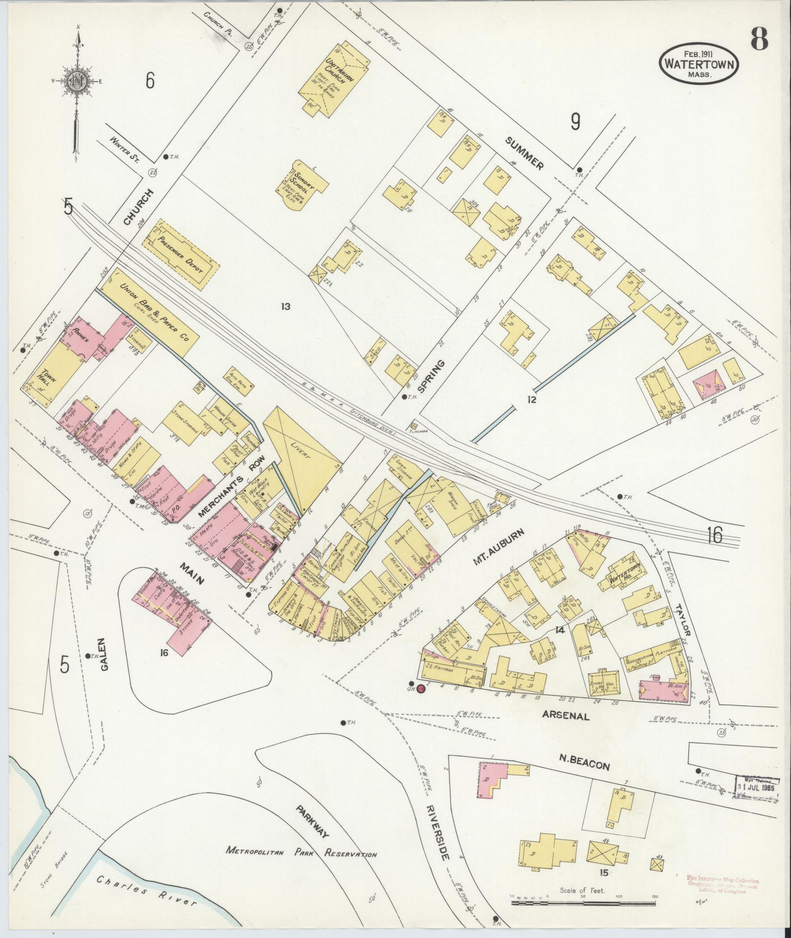 Sanborn Fire Insurance Map from Watertown, Middlesex County, Massachusetts (1911), Sheet #0008 - Complete Map Set gallery image, historic Sanborn map, vintage wall art, Massachusetts Massachusetts