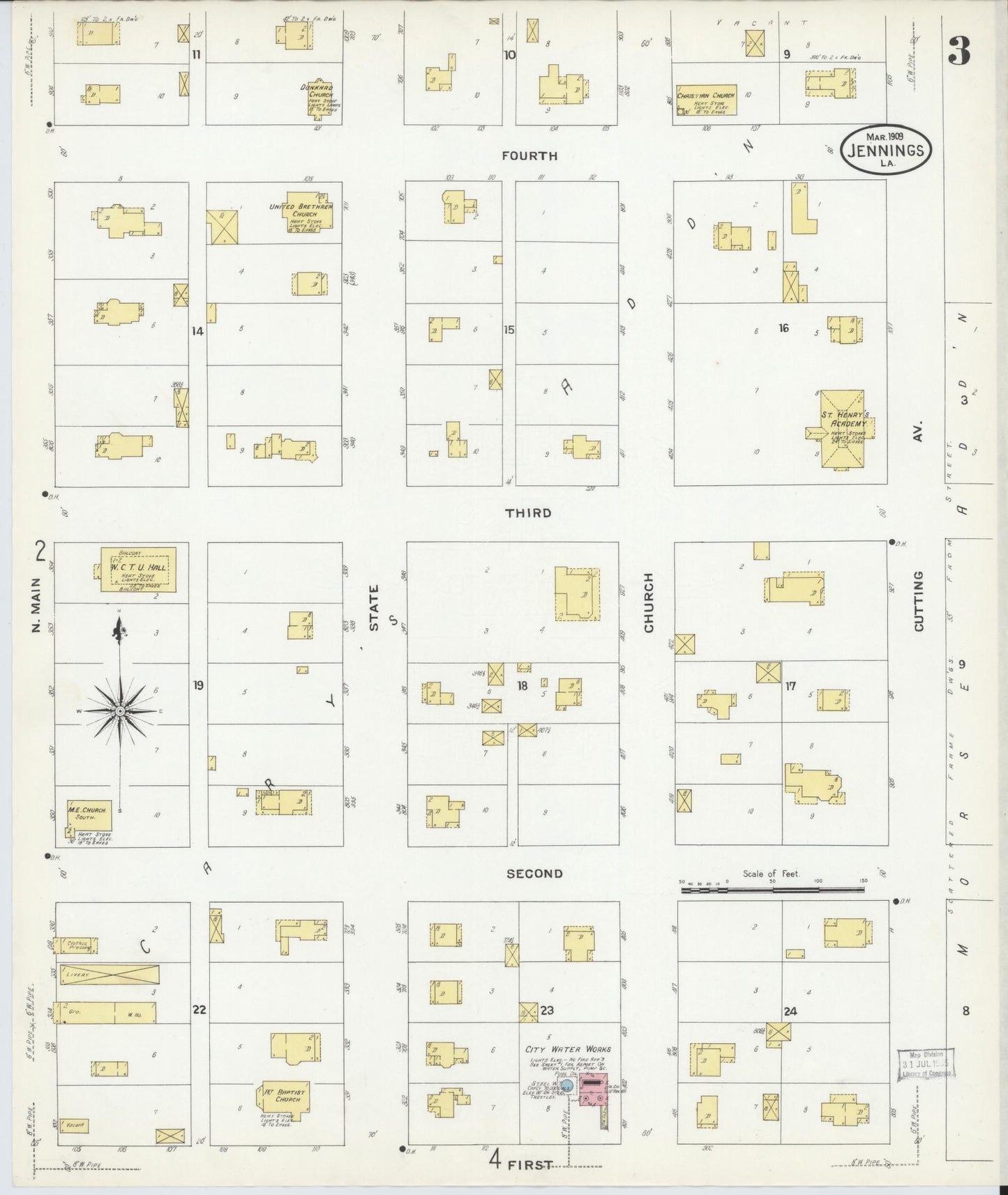 Sanborn Fire Insurance Map from Jennings, Jefferson Davis Parish, Louisiana (1909), Sheet #0003 - Historic Sanborn Fire Insurance Map Print, vintage old map wall art, antique decor, genealogy gift, Louisiana Louisiana map