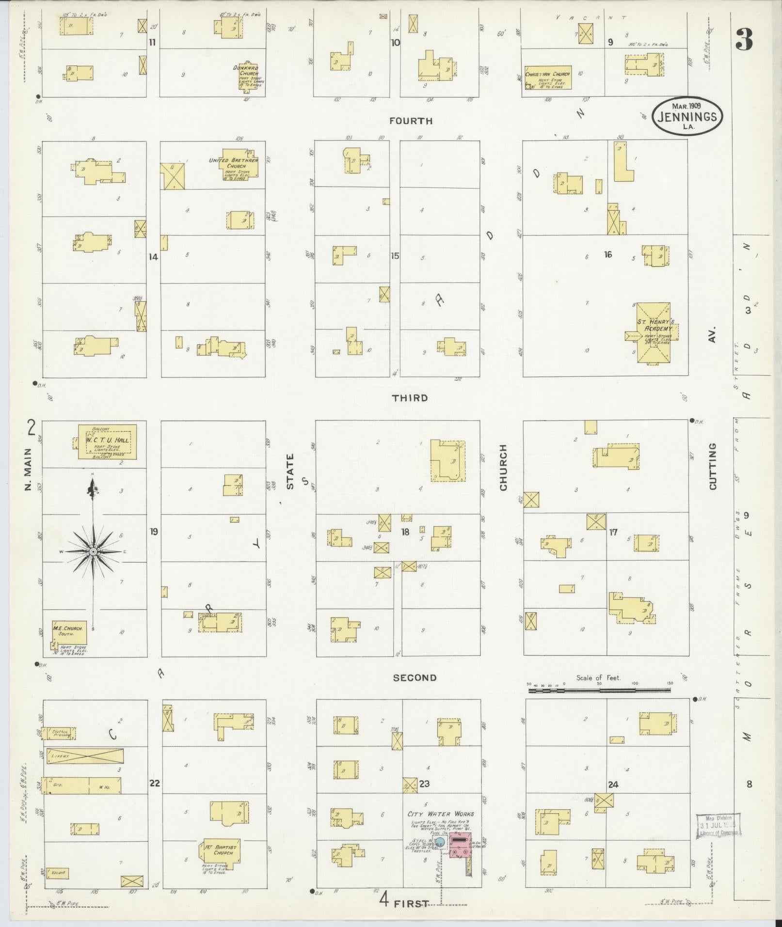 Sanborn Fire Insurance Map from Jennings, Jefferson Davis Parish, Louisiana (1909), Sheet #0003 - Historic Sanborn Fire Insurance Map Print, vintage old map wall art, antique decor, genealogy gift, Louisiana Louisiana map